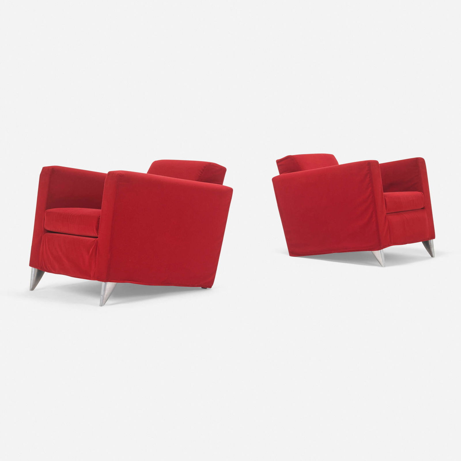 Philippe Starck, Len Niggelman lounge chairs, pair: Philippe Starck Len Niggelman lounge chairs, pair DriadeFrance / Italy, 1986upholstery, brushed aluminum 26.5 h x 27.25 w x 34 d in (67 x 69 x 86 cm) This pair of lounge chairs exemplifi