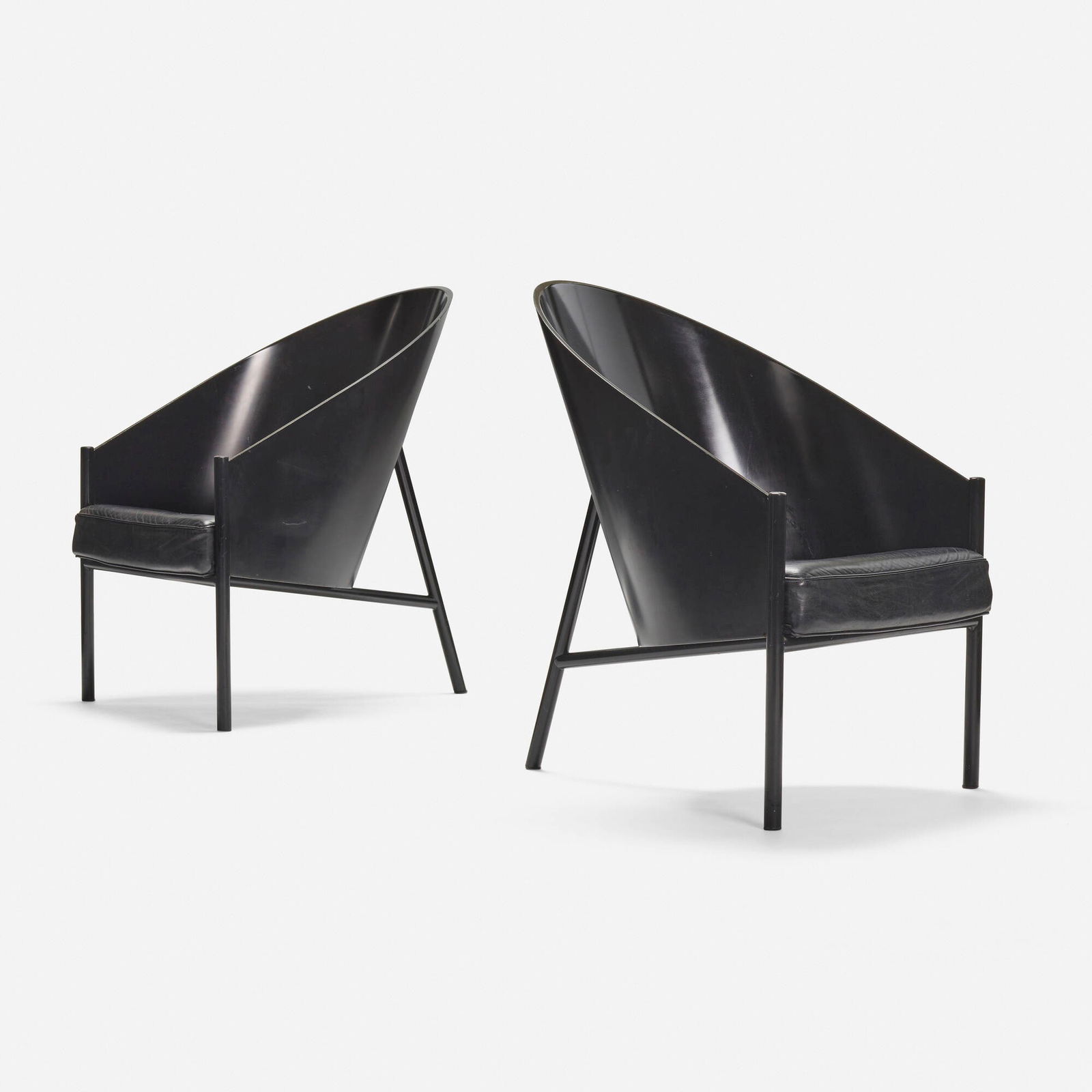 Philippe Starck, Pratfall chairs, pair: Philippe Starck Pratfall chairs, pair Driade AlephFrance, 1982lacquered wood, enameled steel, leather 34.25 h x 23.5 w x 32 d in (87 x 60 x 81 cm) Signed to decal manufacturer's label to