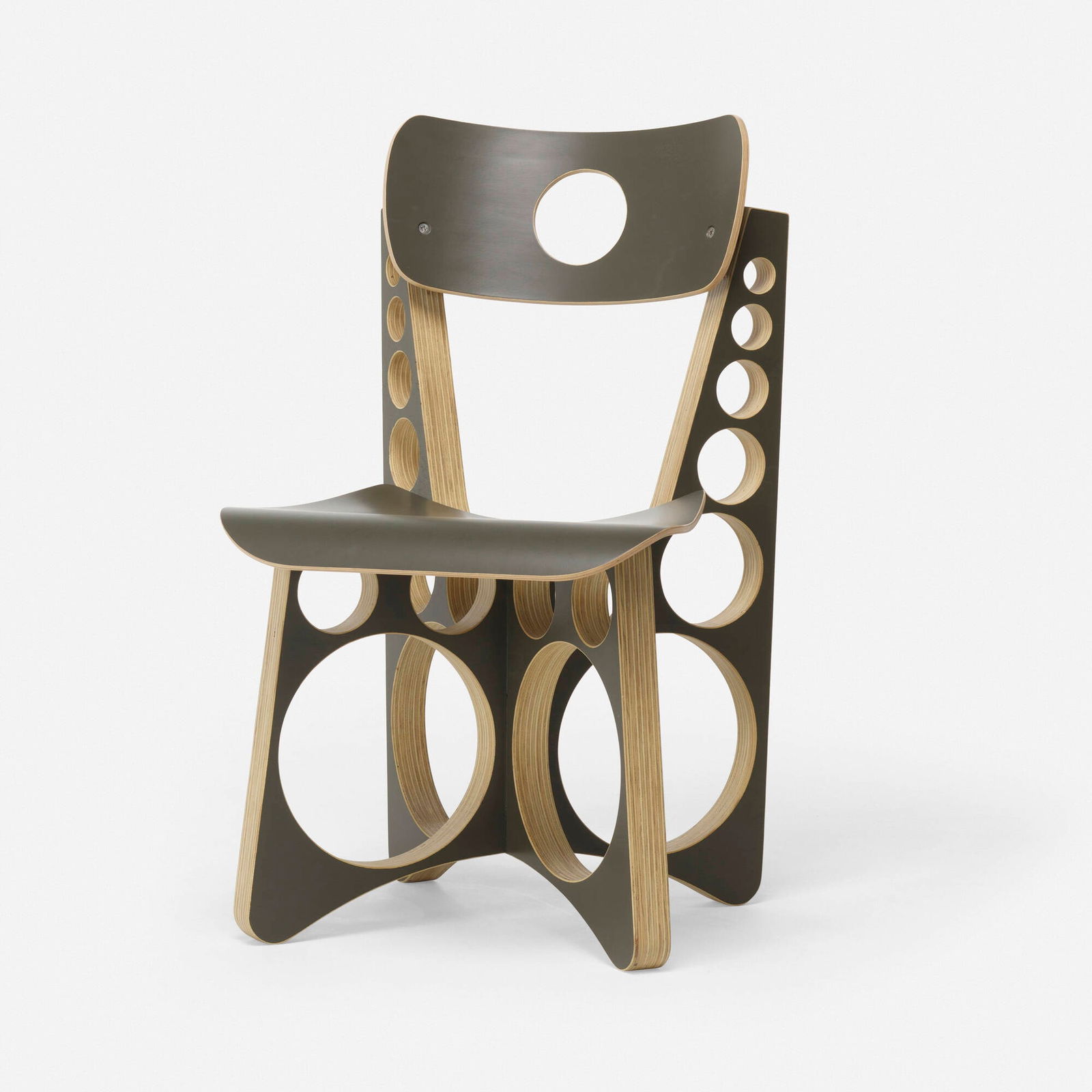 Tom Sachs, Shop Chair (Olive Drab): Tom Sachs Shop Chair (Olive Drab) USA, 2019lacquered maple and pine plywood, rubber, stainless steel 33.25 h x 18.75 w x 21 d in (84 x 48 x 53 cm) Dated and numbered to applied metal manufactu