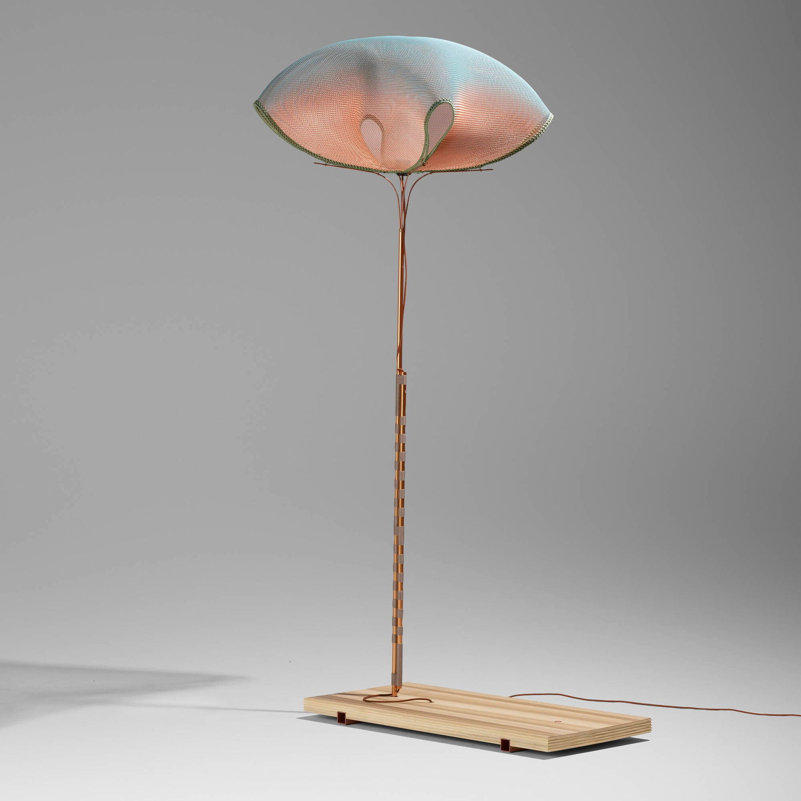 Studio Wieki Somers, Meiyo floor lamp: Studio Wieki Somers Meiyo floor lamp Edition Galerie kreoThe Netherlands, 2013patinated and polished copper mesh, copper, nylon cord, ash 87.5 h x 29 w x 45 d in (222 x 74 x 114 cm) Alum