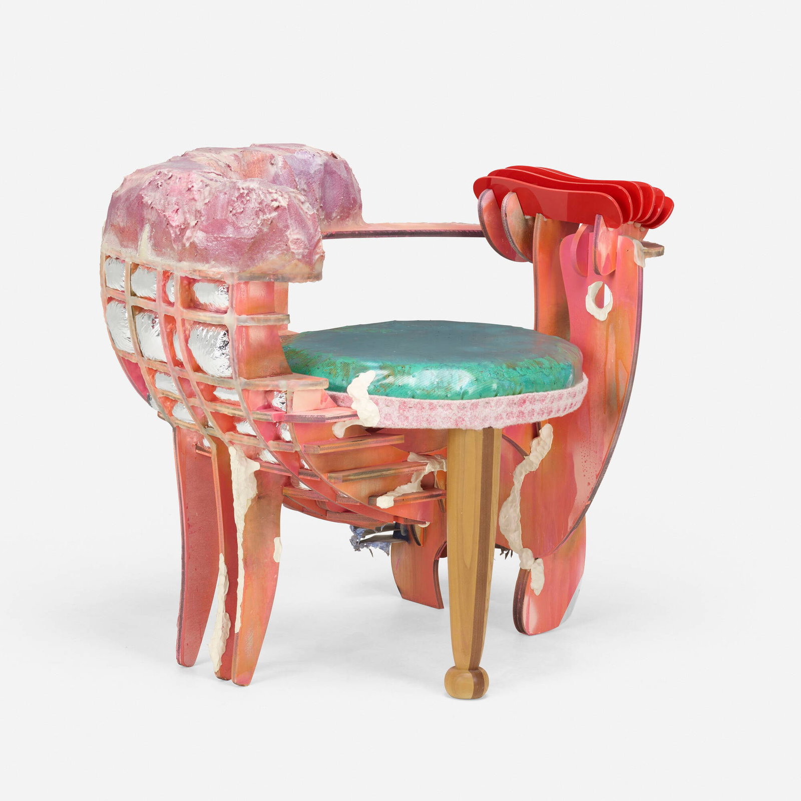 Toomas Toomepuu, Laser Chair 001: Toomas Toomepuu Laser Chair 001 USA, 2019 enameled plywood, walnut, silicone, Mylar, rubber, polyurethane foam and coating, faux ostrich leather, putty 30 h x 34 w x 25 d in (76 x 86 x 63 cm) <