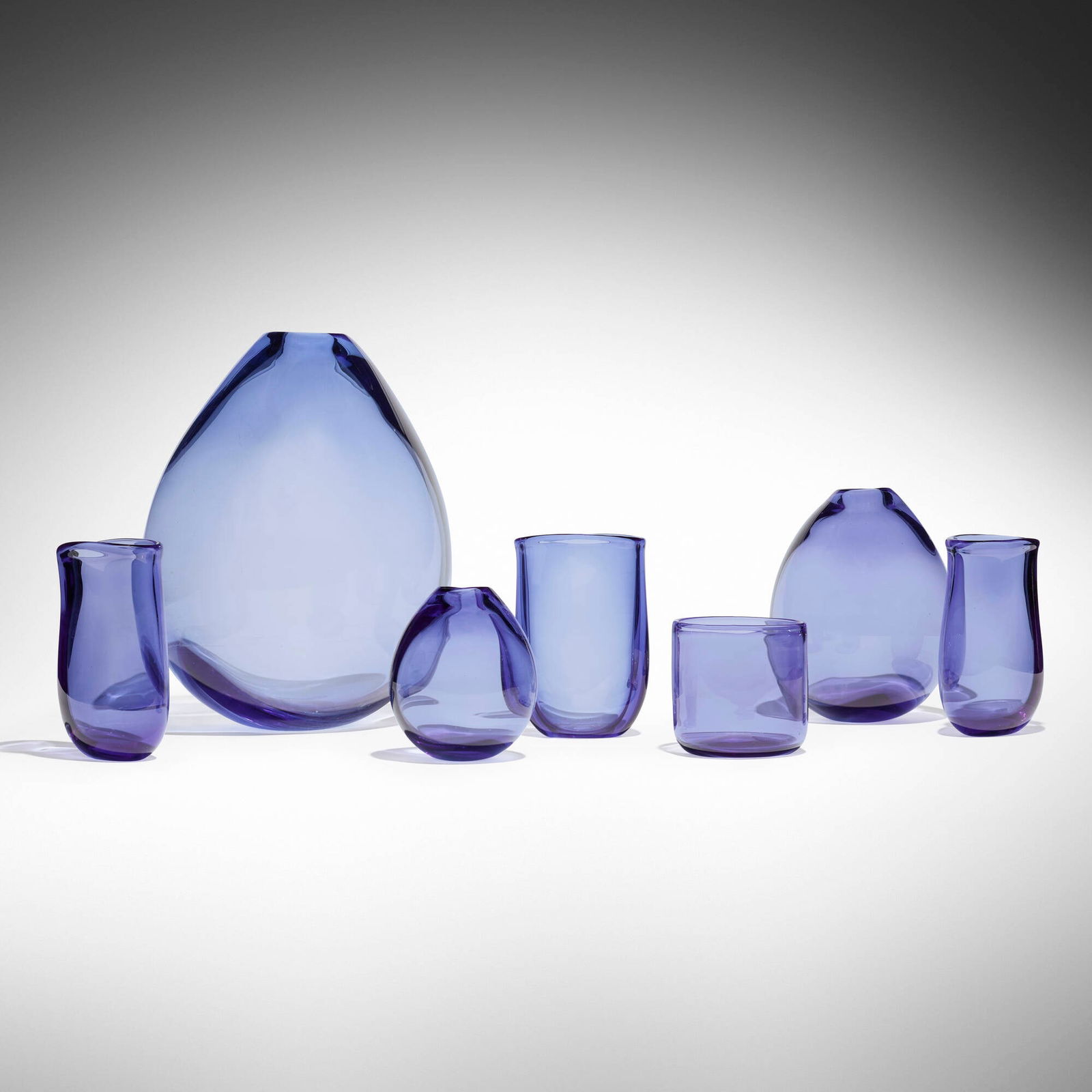 Per Lutken, Collection of seven vases: Per Lutken Collection of seven vases HolmegaardDenmark, c. 1960hand-blown glass largest: 16.375 h x 13.5 w x 11.75 d in (42 x 34 x 30 cm) smallest: 5 h x 5 dia in (13 x 13 cm) Etched