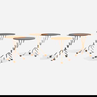 Albert Larsson, Occasional tables, set of four: Albert Larsson Occasional tables, set of four Alberts MobelSweden, 1952-53walnut, teak, copper and brass-plated steel 17.75 h x 15.5 dia in (45 x 39 cm) Originally packaged in a cylindri