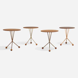 Albert Larsson, Occasional tables, set of four: Albert Larsson Occasional tables, set of four Alberts MobelSweden, 1952-53walnut, teak, copper and brass-plated steel 17.75 h x 15.5 dia in (45 x 39 cm) Originally packaged in a cylindri