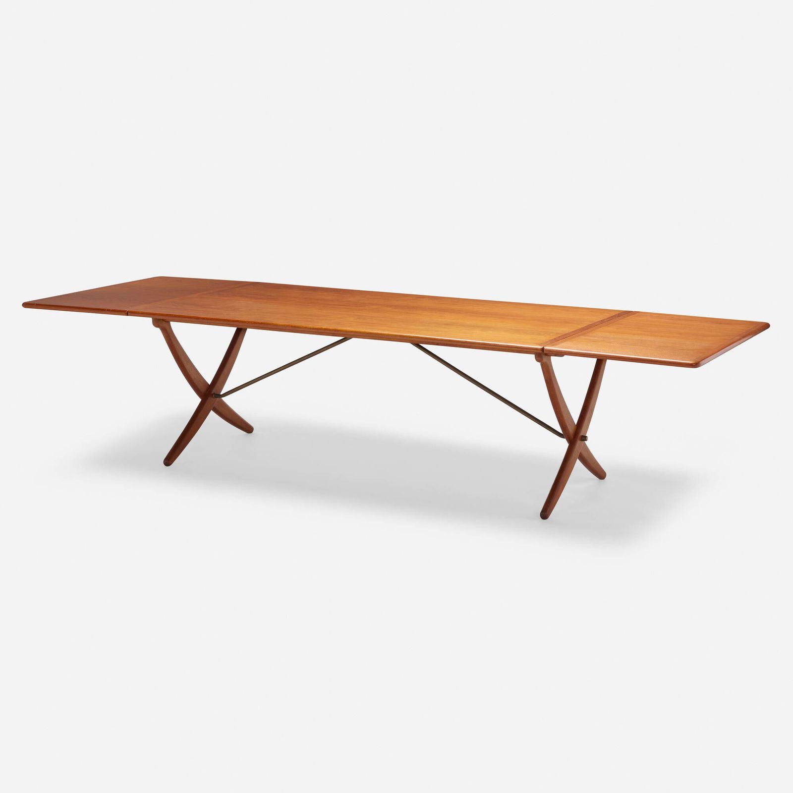 Hans J. Wegner, Drop-leaf dining table, model AT 314: Hans J. Wegner Drop-leaf dining table, model AT 314 Andreas TuckDenmark, c. 1960teak, oak, brass 28 h x 76.75 w x 41.5 d in (71 x 195 x 105 cm) Sold with two 23.25-inch leaves; table mea