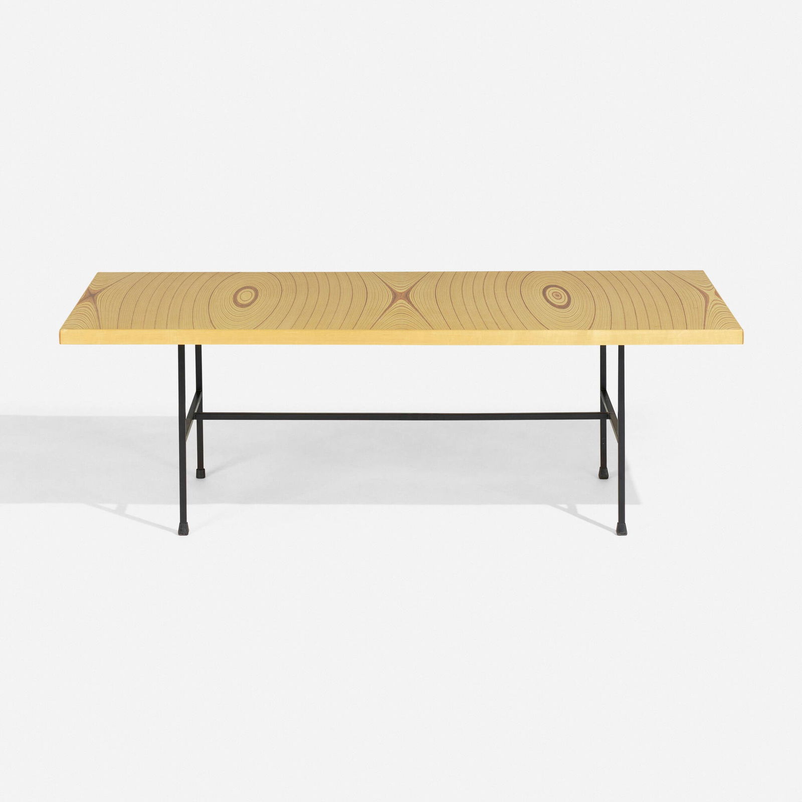 Tapio Wirkkala, Coffee table, model 9011: Tapio Wirkkala Coffee table, model 9011 AskoFinland, 1958 / c.1995laminated birch and hazel wood, enameled steel, rubber 16 h x 49 w x 24.5 d in (41 x 124 x 62 cm) Brass manufacturer's l