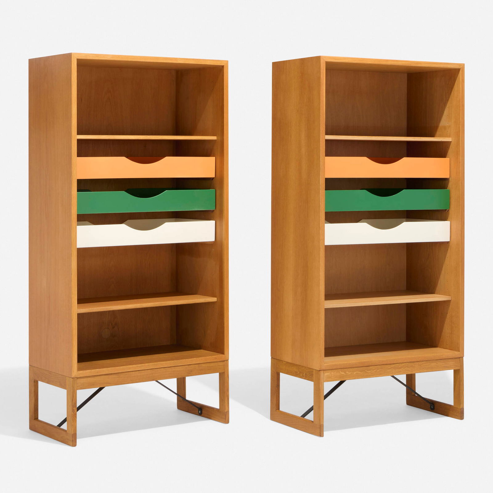 Borge Mogensen, Cabinets, pair: Borge Mogensen Cabinets, pair Karl Andersson & SonerDenmark / Sweden, c. 1955oak, painted wood, steel 56.25 h x 27 w x 14.25 d in (143 x 69 x 36 cm) Each cabinet features three drawers a