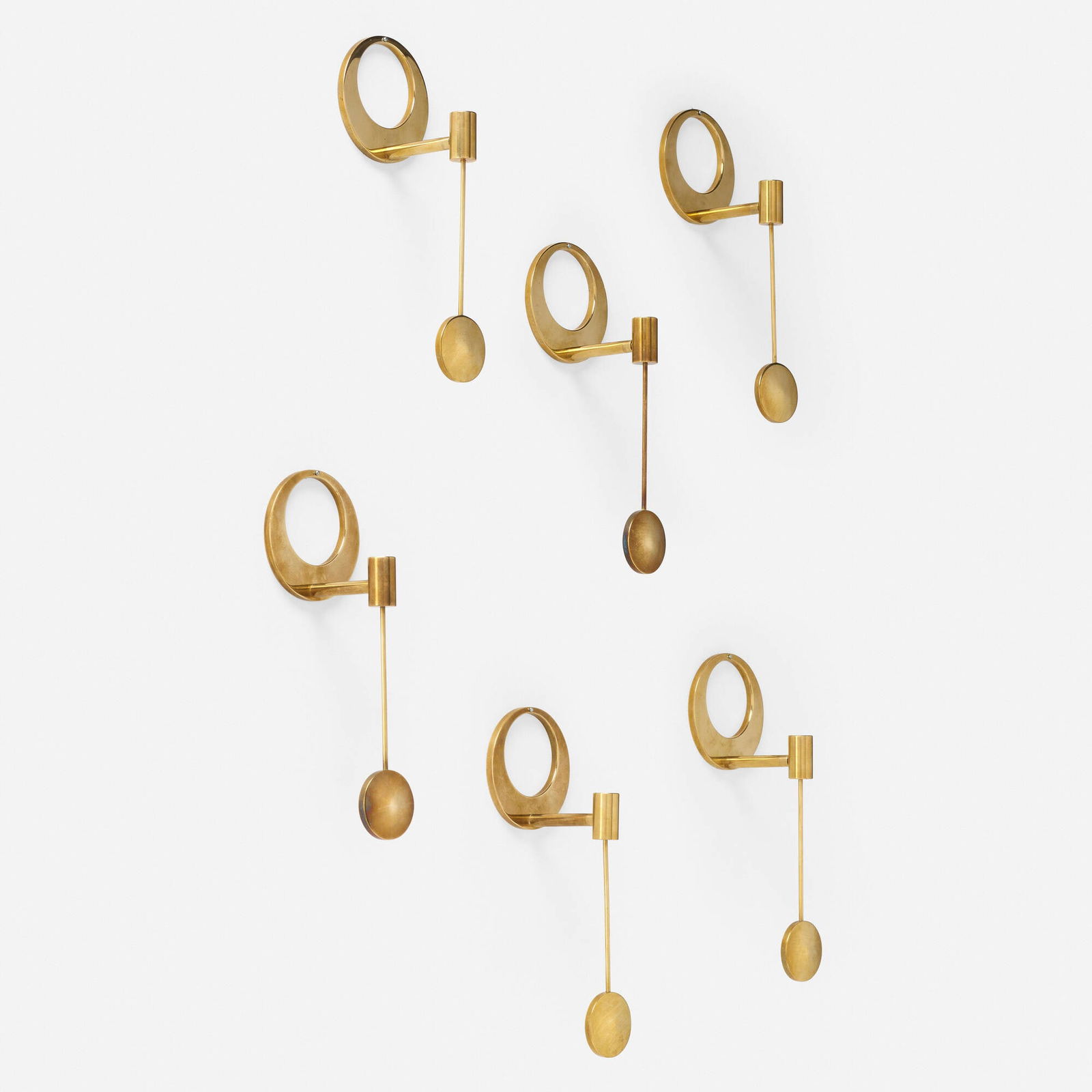 Arthur Pe, Wall-mounted candleholders, set of six: Arthur Pe Wall-mounted candleholders, set of six KolbackSweden, c. 1965brass 8.5 h x 3 w x 2.625 d in (22 x 8 x 7 cm) Impressed manufacturer's mark to reverse 'Arthur Pe Kolback'.