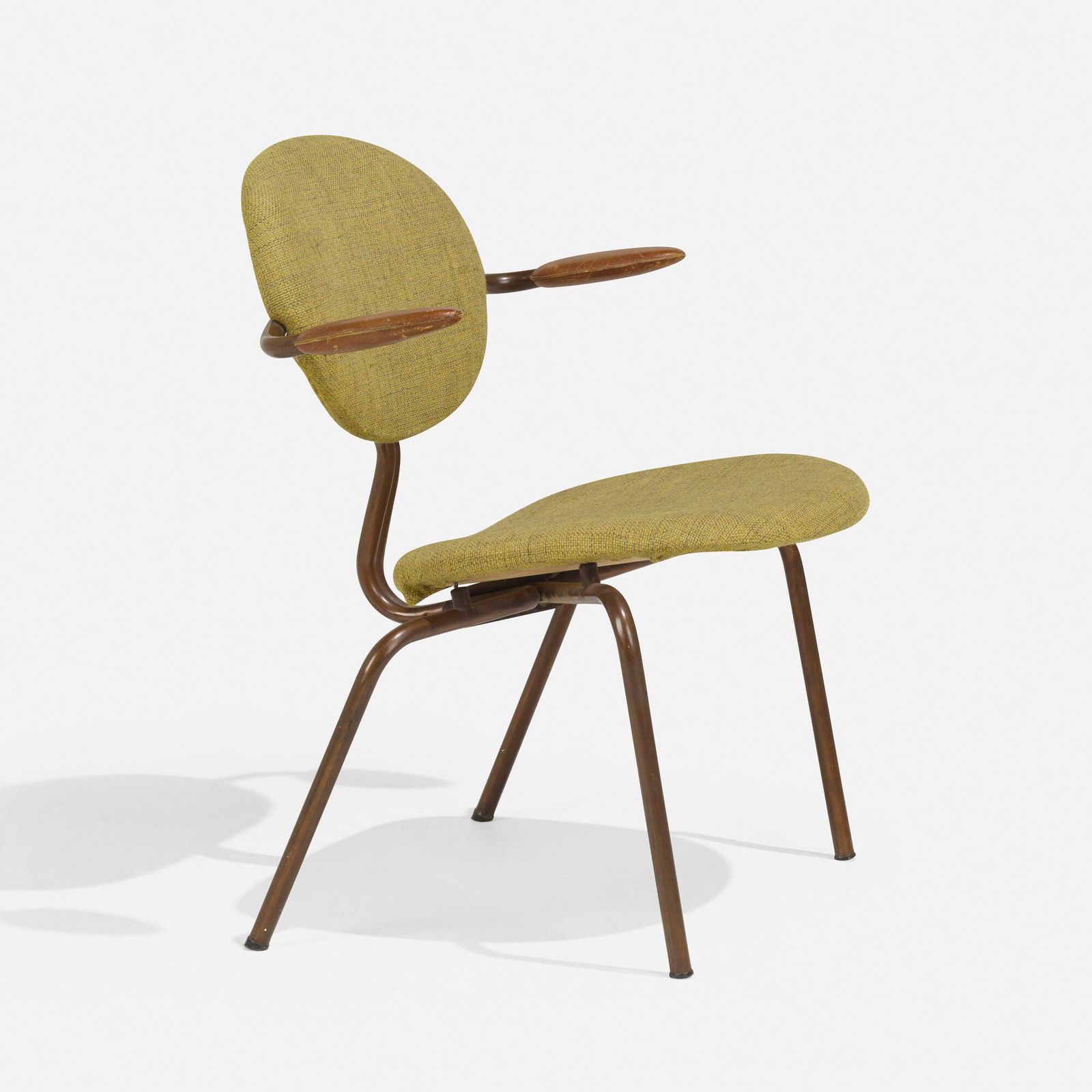 Ilmari Tapiovaara, Experimental Lukki 5 chair: Ilmari Tapiovaara Experimental Lukki 5 chair Finland, 1956-57copper, fabric upholstery, leatherette 27.5 h x 25.25 w x 19 d in (70 x 64 x 48 cm) Provenance: Collection of the