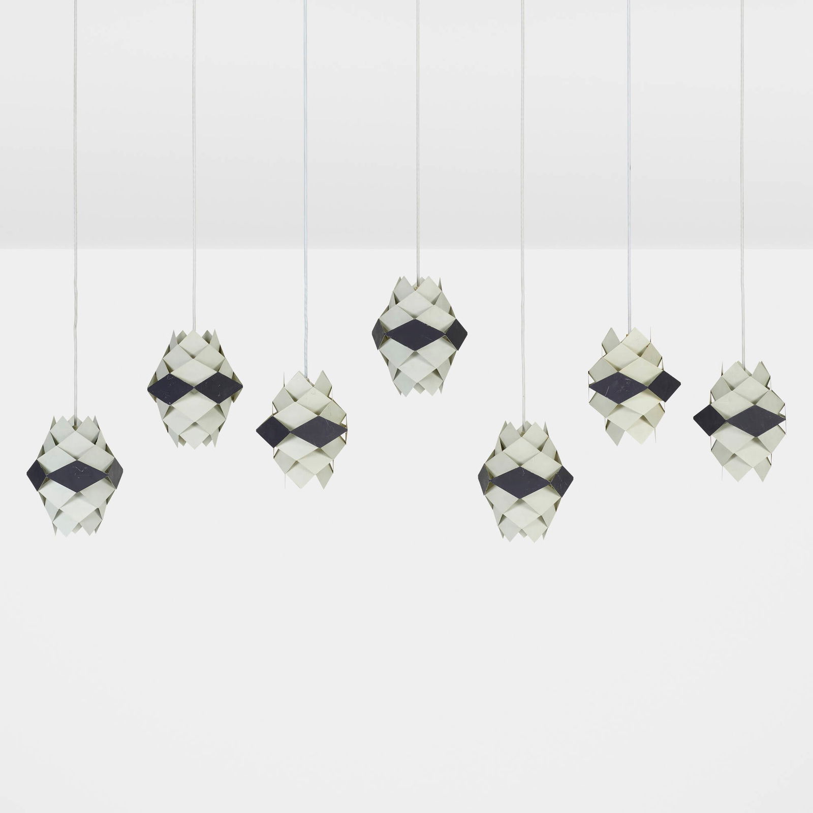 Preben Dahl, Symfoni pendant lamps, set of seven: Preben Dahl Symfoni pendant lamps, set of seven Hans Folsgaard A/SDenmark, c. 1962lacquered steel 10 h x 8 dia in (25 x 20 cm) Decal manufacturer's label to top of five examples 'H.F.'.