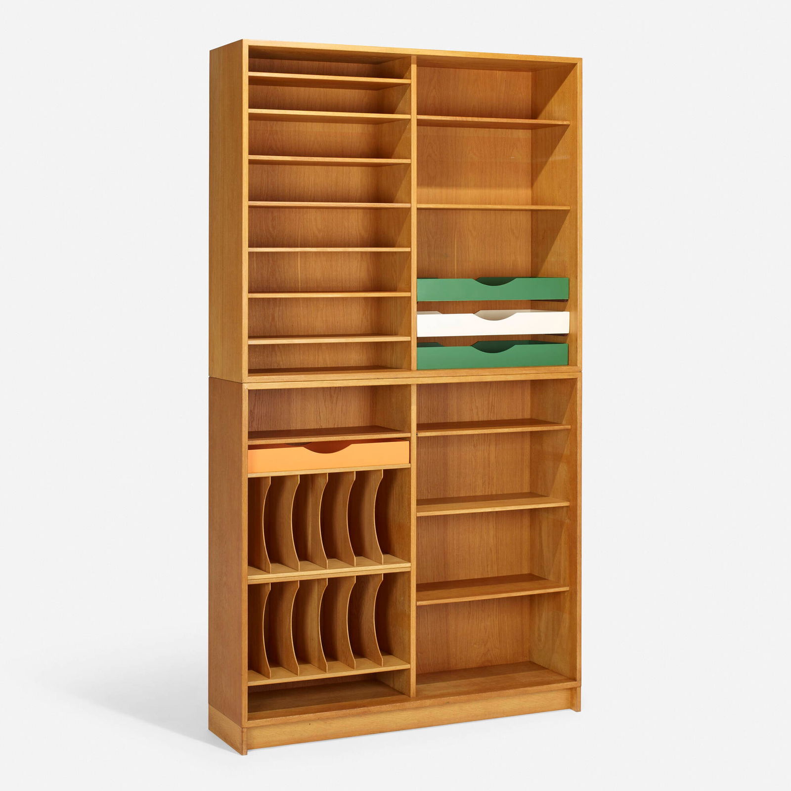 Borge Mogensen, Cabinets, pair: Borge Mogensen Cabinets, pair Karl Andersson & SonerDenmark / Sweden, c. 1965oak, painted wood 96.5 h x 53 w x 14.25 d in (245 x 135 x 36 cm) Cabinets features four removable trays, thir