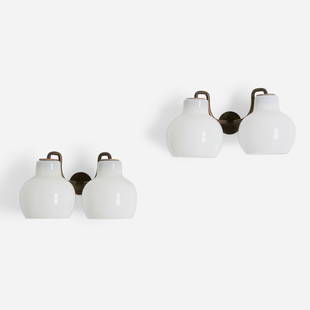 Vilhelm Lauritzen, Christiansborg sconces, pair: Vilhelm Lauritzen Christiansborg sconces, pair Louis PoulsenDenmark, c. 1955white glass, brass 9.25 h x 16.5 w x 9.5 d in (23 x 42 x 24 cm) This work will ship from Chicago,