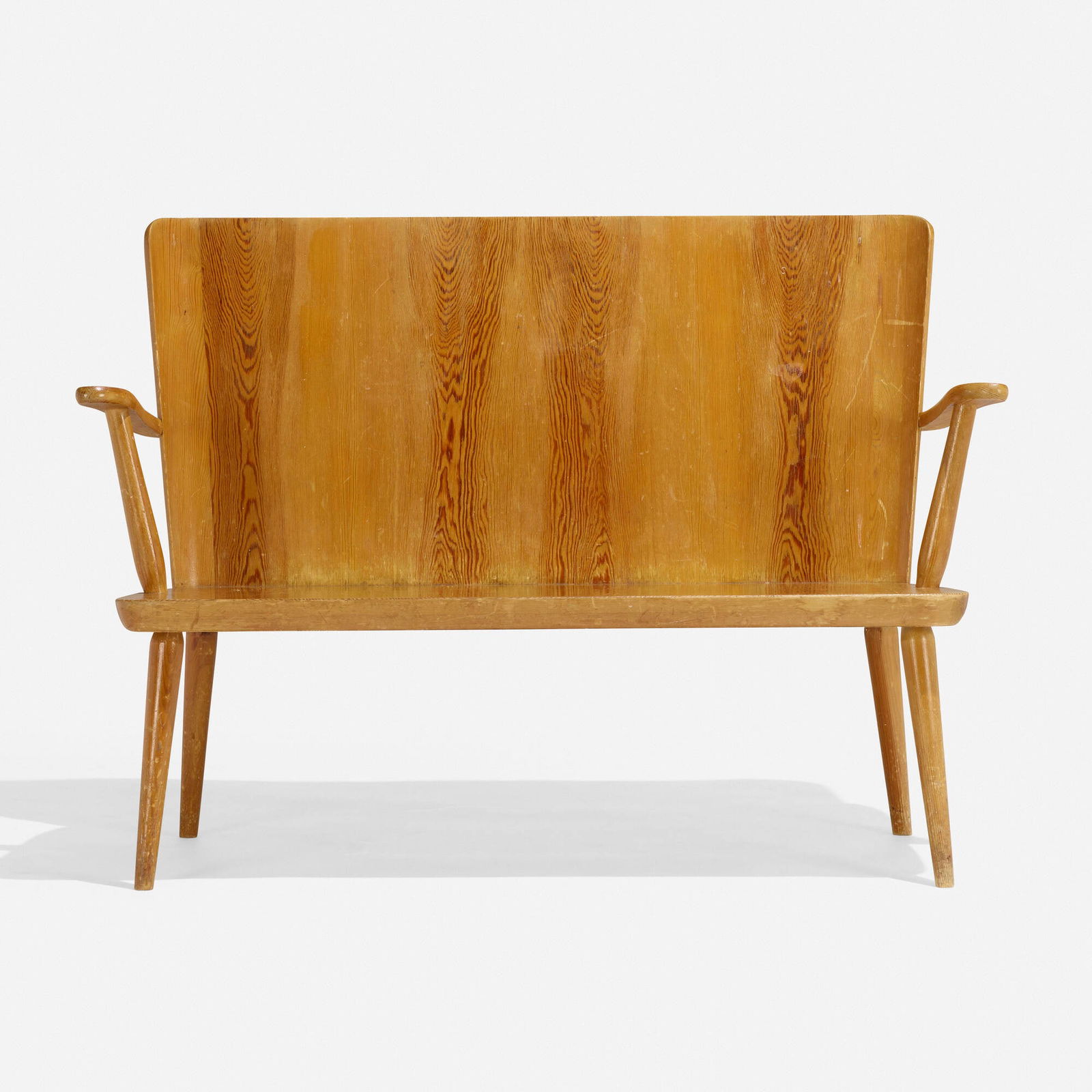 Goran Malmvall, Svensk Fur settee: Goran Malmvall Svensk Fur settee Karl Andersson & SonerSweden, c. 1950pine, brass 33.5 h x 47.5 w x 22 d in (85 x 121 x 56 cm) Branded manufacturer's mark to underside 'Svensk Fur'.