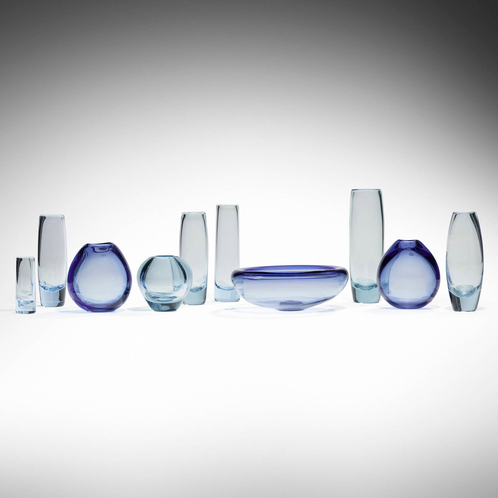 Per Lutken, Collection of ten vessels: Per Lutken Collection of ten vessels HolmegaardDenmark, 1958-1961hand-blown glass largest: 11 h x 3 dia in (28 x 8 cm) smallest: 5 h x 1.75 dia in (13 x 4 cm) Etched manufacturer's ma