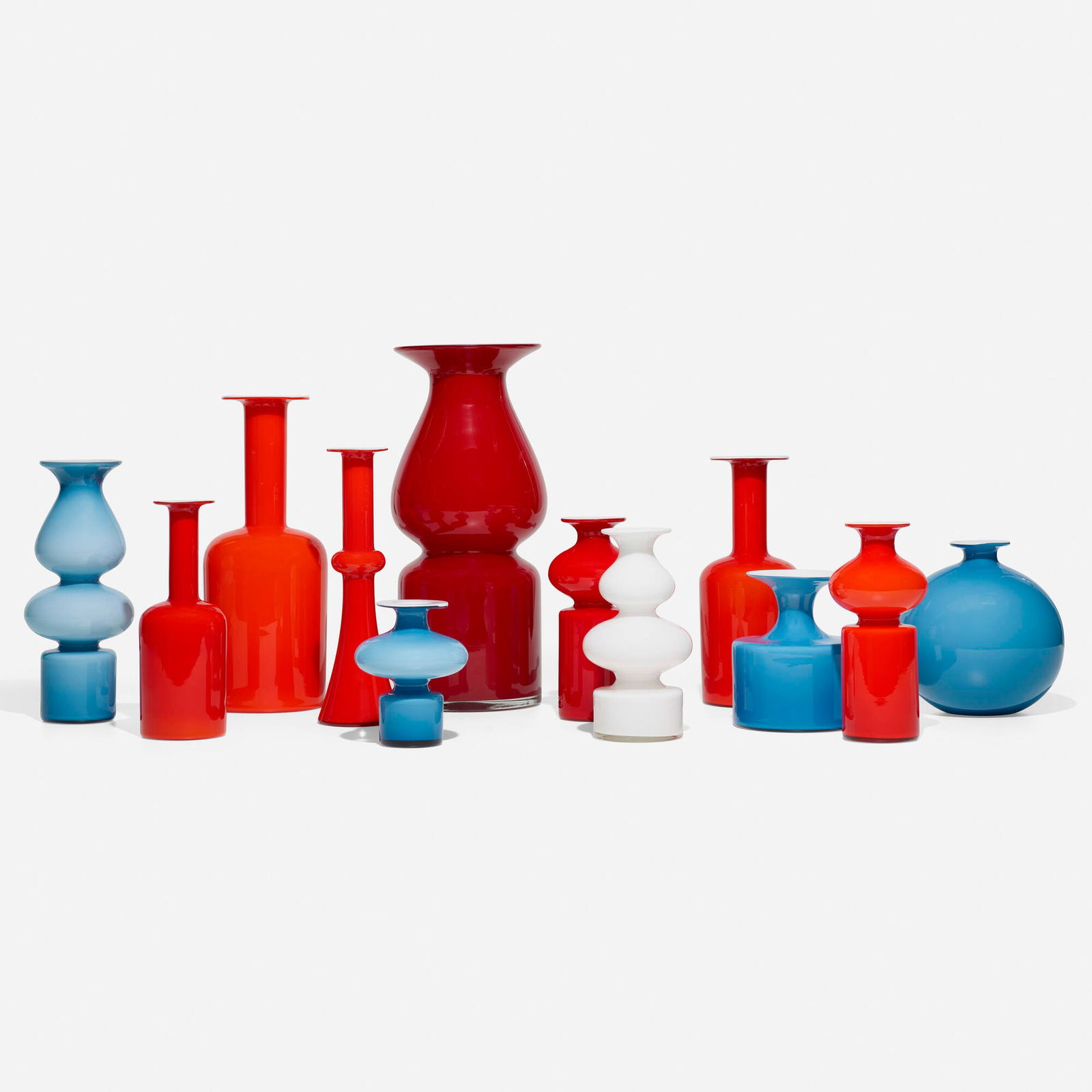 Per Lutken and Otto Brauer, Collection of twelve vases: Per Lutken and Otto Brauer Collection of twelve vases HolmegaardDenmark, c. 1960cased glass largest: 17 h x 7.5 dia in (43 x 19 cm) smallest: 6 h x 4.75 dia in (15 x 12 cm) Collection