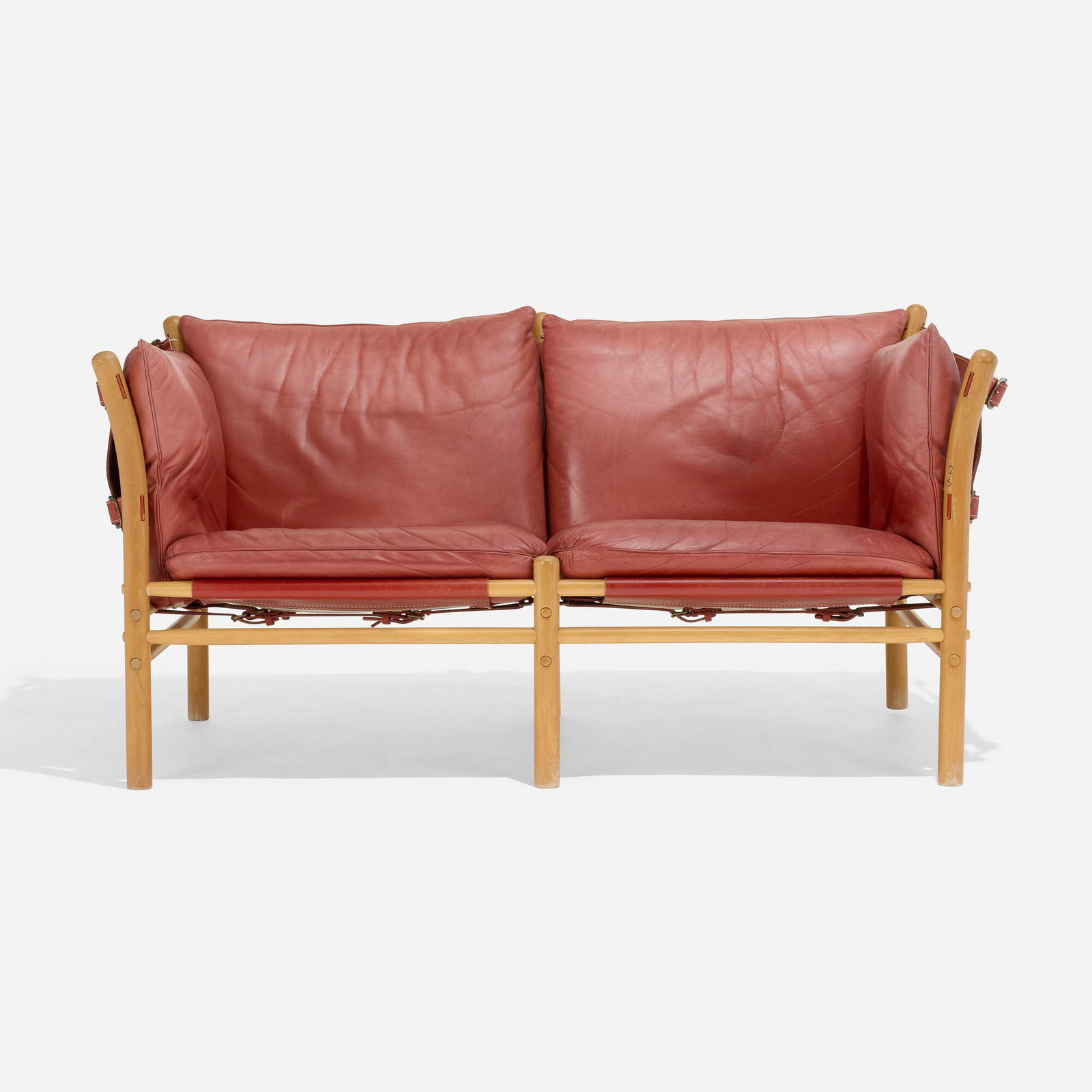 Arne Norell, Illona settee: Arne Norell Illona settee Norell Mobel ABSweden, 1971 / c. 1980beech, leather, fabric 31 h x 58.5 w x 32 d in (79 x 149 x 81 cm) This work will ship from Chicago, Illinois.<