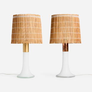 Lisa Johansson-Pape, Table lamps model 46-017, pair: Lisa Johansson-Pape Table lamps model 46-017, pair Oy Stockmann-Orno ABFinland, 1954 / c. 1965opal white and clear glass, copper, metal, bamboo shades, brass 25.5 h x 13 dia in (65 x 33 cm)