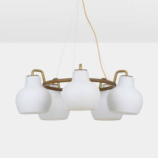 Vilhelm Lauritzen, Christiansborg chandelier: Vilhelm Lauritzen Christiansborg chandelier Louis PoulsenDenmark, c. 1955white glass, brass 9.25 h x 27 dia in (23 x 69 cm) This work will ship from Chicago, Illinois.