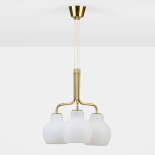 Vilhelm Lauritzen, Christiansborg chandelier: Vilhelm Lauritzen Christiansborg chandelier Louis PoulsenDenmark, c. 1955brass, white glass 35.25 h x 18 dia in (90 x 46 cm) This work will ship from Chicago, Illinois.