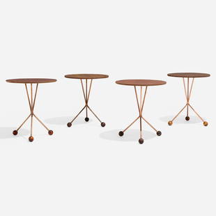 Albert Larsson, Occasional tables, set of four: Albert Larsson Occasional tables, set of four Alberts MobelSweden, 1952-53mahogany, teak, walnut, copper-plated steel 17.75 h x 15.5 dia in (45 x 39 cm) Originally packaged in a cylindri