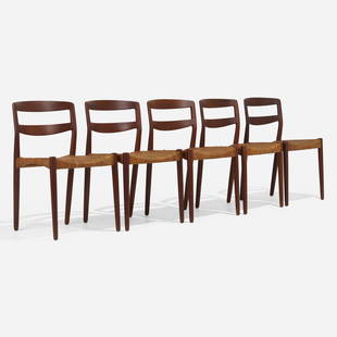 Aksel Bender Madsen and Ejner Larsen, Dining chairs, set of five: Aksel Bender Madsen and Ejner Larsen Dining chairs, set of five Willy Beck CabinetmakerDenmark, 1957teak, cane 30.5 h x 19.75 w x 19 d in (77 x 50 x 48 cm) Brass manufacturer's label to