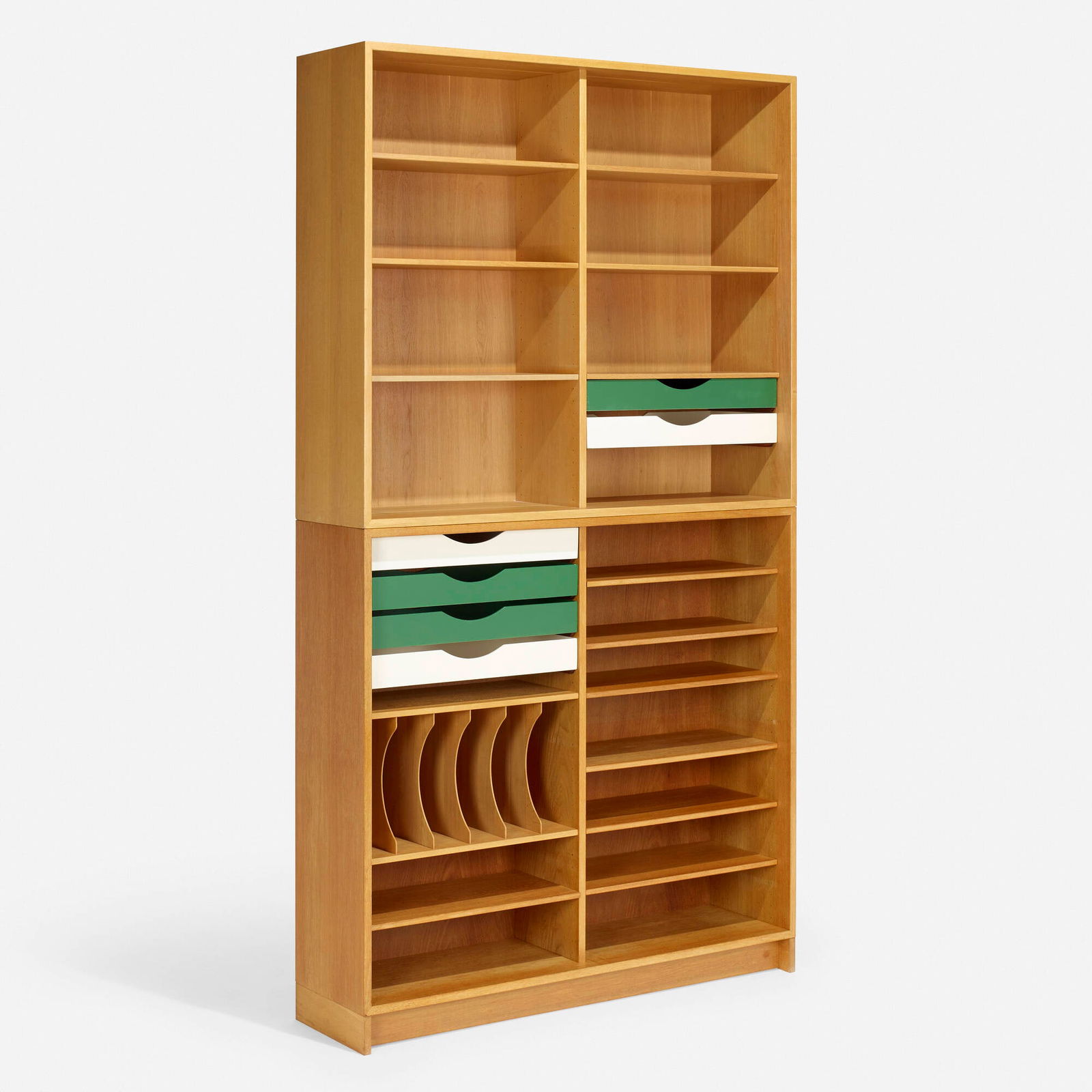 Borge Mogensen, Cabinets, pair: Borge Mogensen Cabinets, pair Karl Andersson & SonerDenmark / Sweden, c. 1965oak, painted wood 96.5 h x 53 w x 14.25 d in (245 x 135 x 36 cm) Cabinets feature six removable trays, thirte