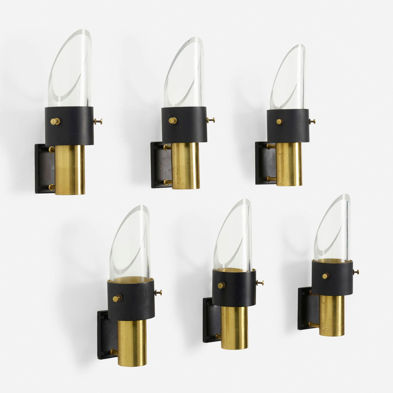 Kai Korbing, Sconces, set of six: Kai Korbing Sconces, set of six LyfaDenmark, c. 1960brass, lacquered brass, glass 14.5 h x 4.5 w x 5.5 d in (37 x 11 x 14 cm) Paper manufacturer's label to reverse of each example 'Lyfa'