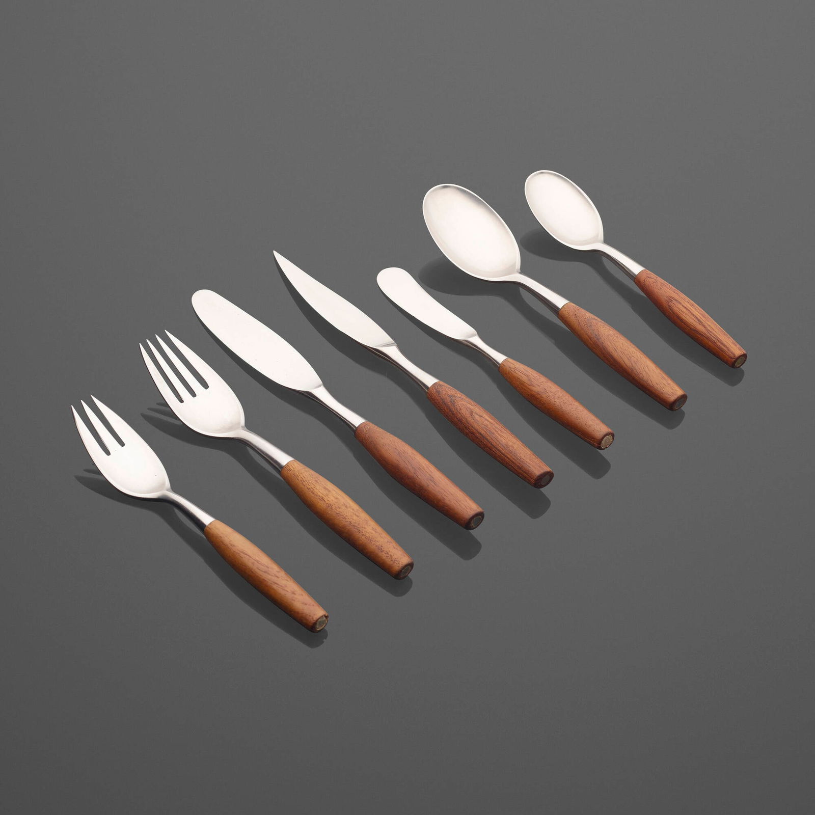Jens Quistgaard, Fjord flatware: Jens Quistgaard Fjord flatware DanskDenmark / Germany, 1953 / 1954-1960stainless steel, teak Six-piece service for ten plus thirty-three additional pieces; ninety-three pieces total. Impres
