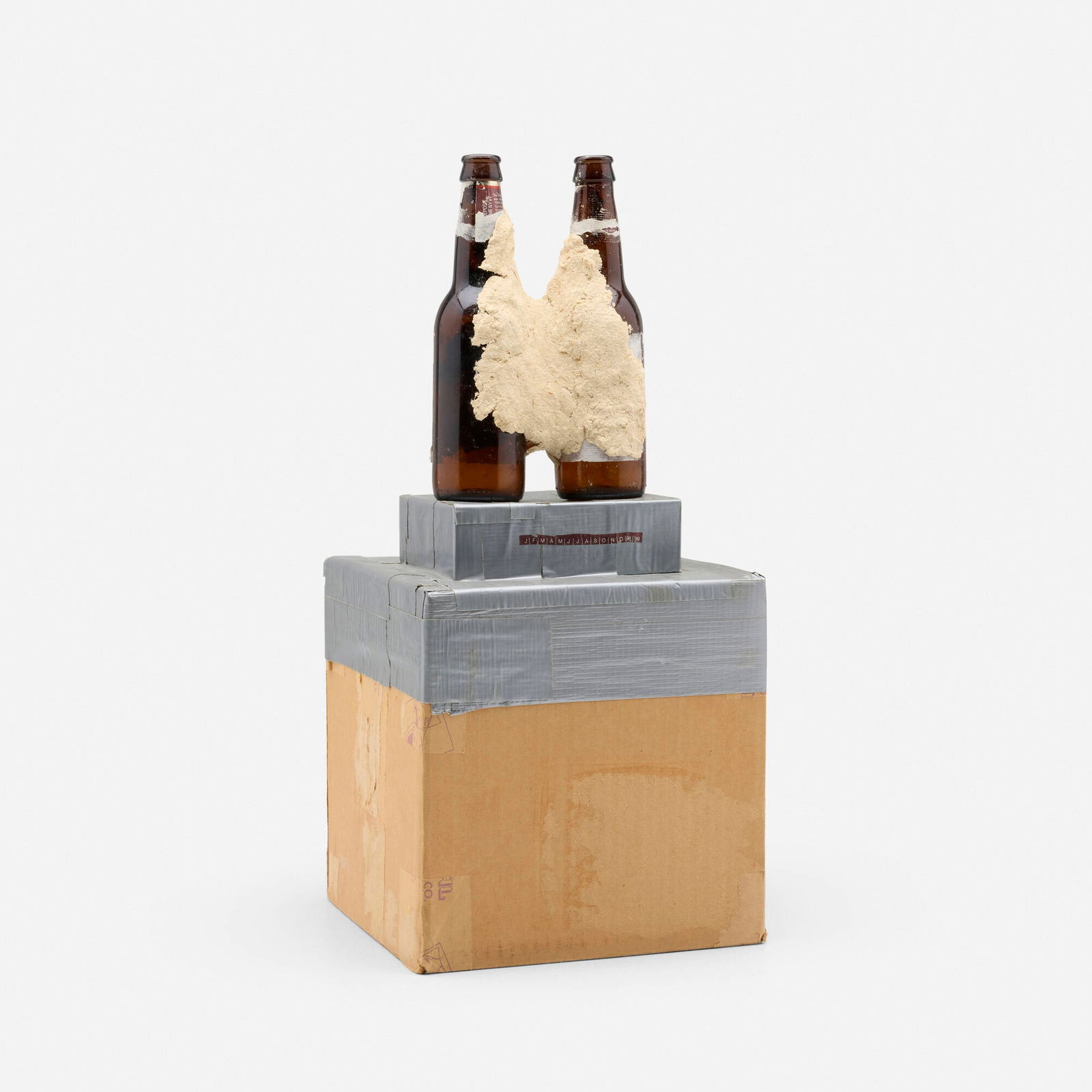 Jessica Jackson Hutchins, Untitled (Sculpture): Jessica Jackson Hutchins Untitled (Sculpture) cardboard box, glass bottles, duct tape and paper mache 20. 375 h x 9.25 w x 9.25 d in (51 x 23 x 23 cm) Provenance: Collection of Donn