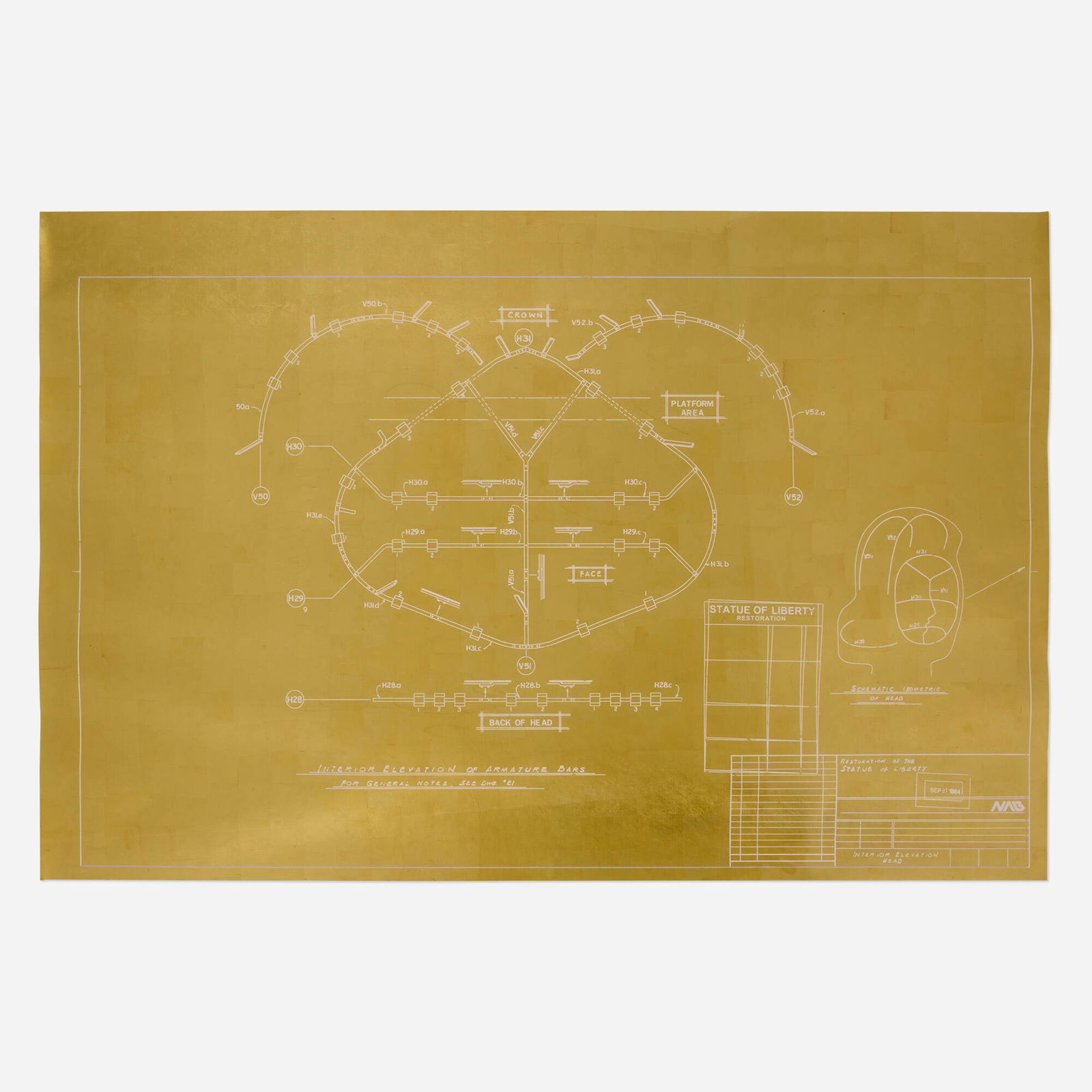 Danh Vo, The New Secret of Keeping a Pretty Skin: Danh Vo The New Secret of Keeping a Pretty Skin 2011gold leaf on blueprint 27.5 h x 41.25 w in (70 x 105 cm) Provenance: The Artist and Galerie Chantal Crousel, Paris for the
