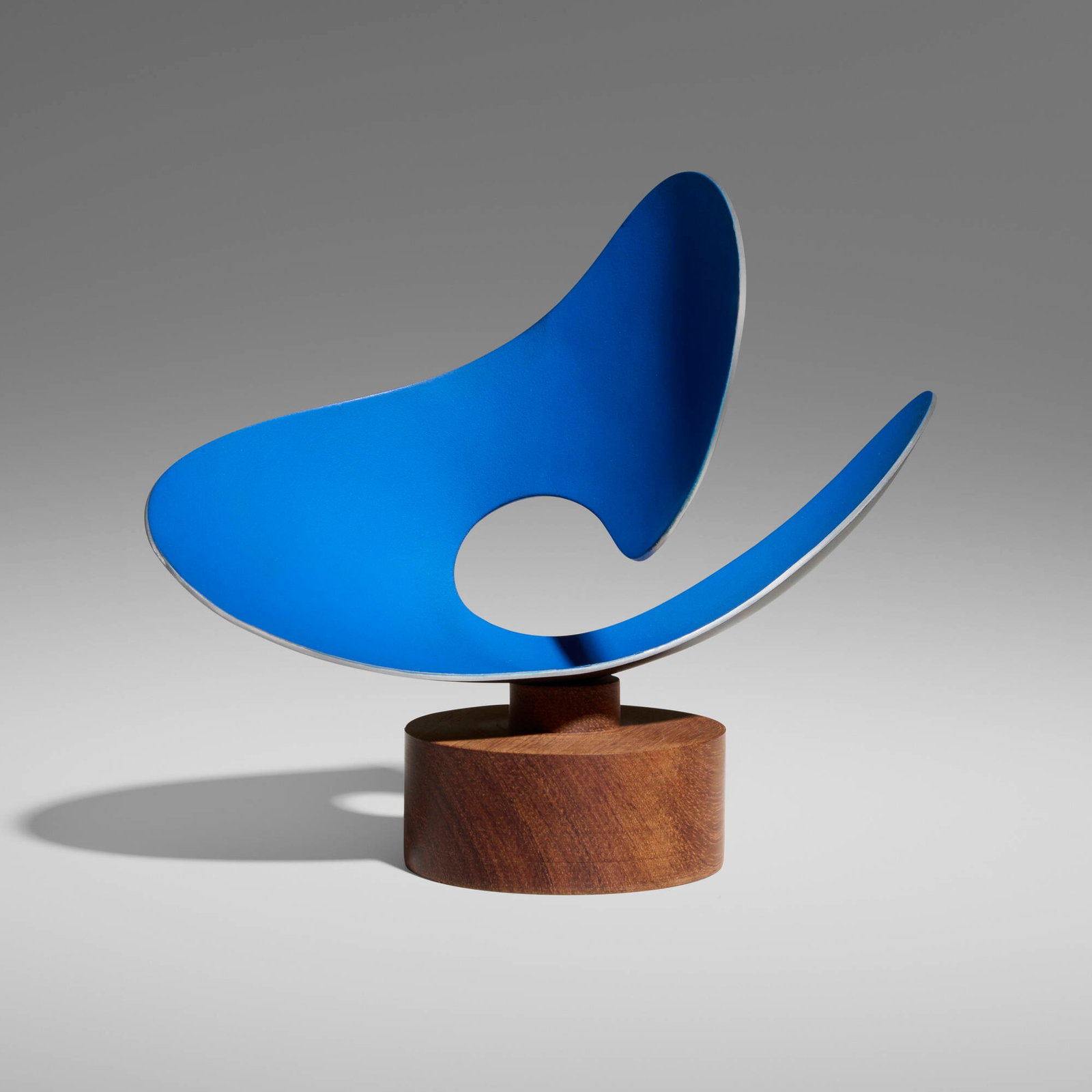 Jose de Rivera, Untitled (Blue and Black): Jose de Rivera Untitled (Blue and Black) 1952 painted aluminum, mahogany 6.5 h x 8.5 w x 4 d in (17 x 22 x 10 cm) Impressed signature and date to underside 'de Rivera 1952'. Prov