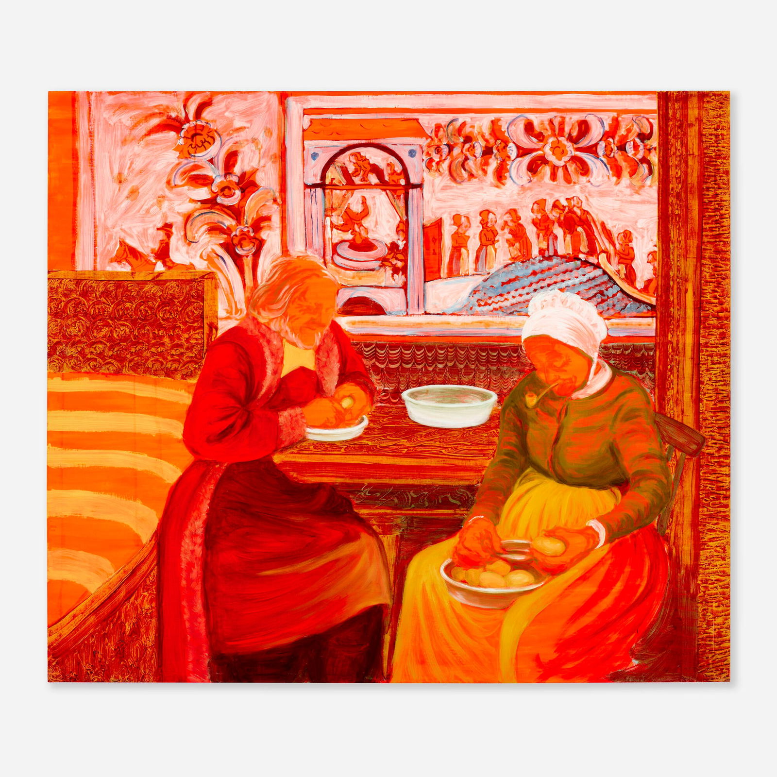 Sigrid Holmwood, The Last Peasant-Painters Peeling Potatoes (Old Woman Mill): Sigrid Holmwood The Last Peasant-Painters Peeling Potatoes (Old Woman Mill) 2007fluorescent orange egg tempera, lead white, Prussian blue, Chrome yellow light, lead antimonate, Bohemian green earth, S