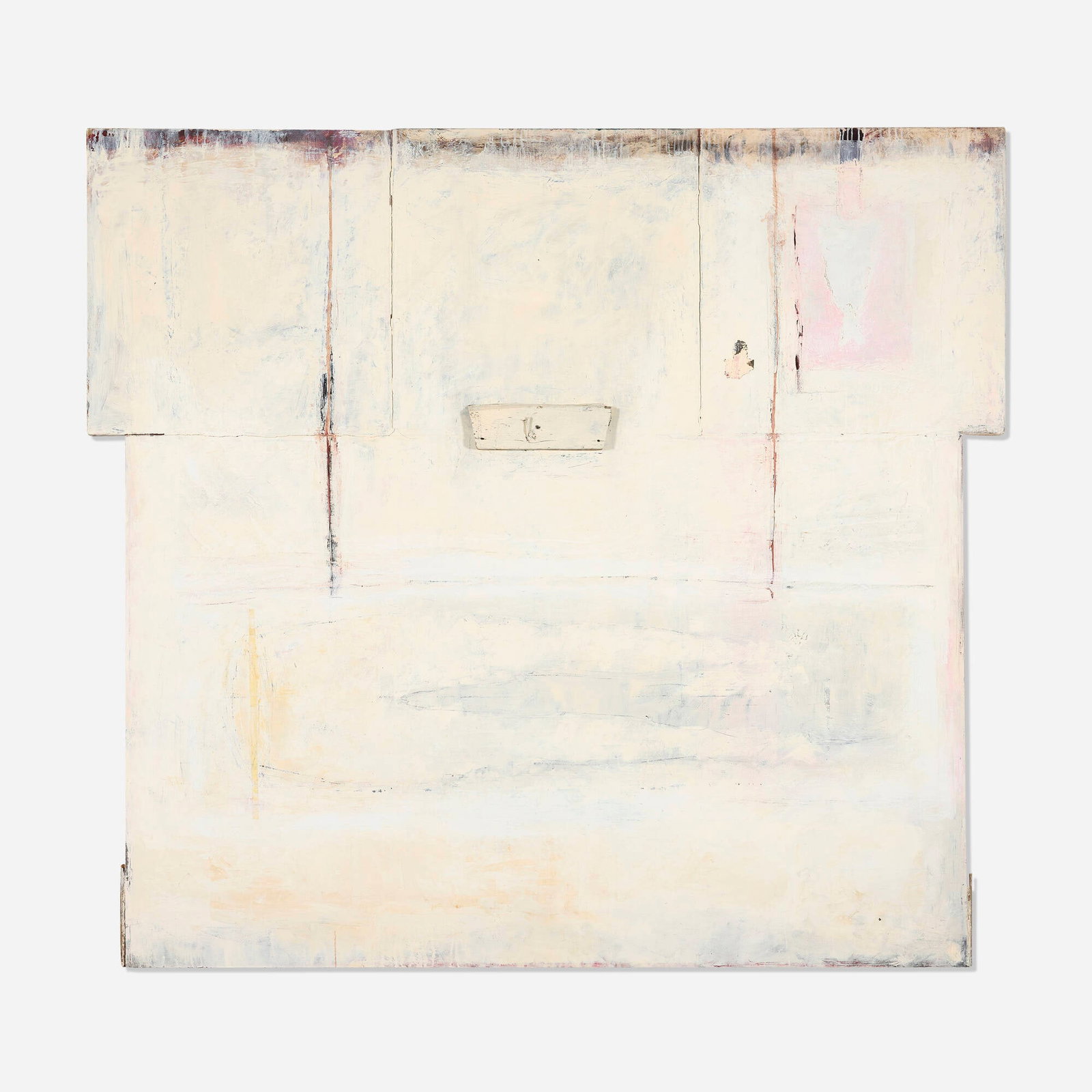 Linda Stojak, Untitled (LS91-63): Linda Stojak Untitled (LS91-63) 1992 acrylic, wood, paper, tape and nail on canvas construction 66.25 h x 72.5 w x 3.25 d in (168 x 184 x 8 cm) Signed and dated to verso 'Linda Stojak 1992'.