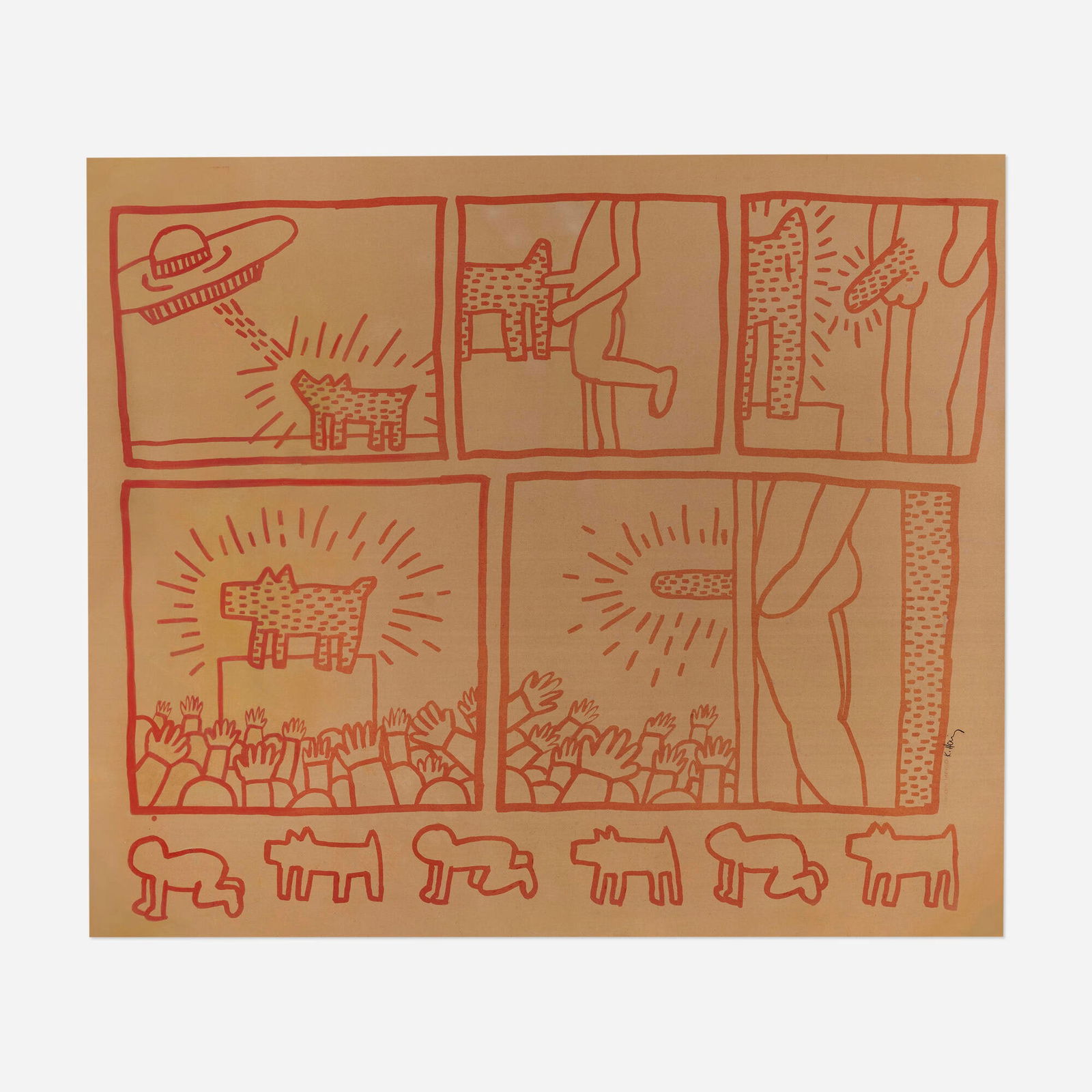 Keith Haring, Plate 13 Photostat (from the Blueprint Drawings portfolio): Keith Haring Plate 13 Photostat (from the Blueprint Drawings portfolio) 1981Photostat on blueprint paper 41.5 h x 49.125 w in (105 x 125 cm) Signed to lower right 'K. Haring'. Stamped signatur