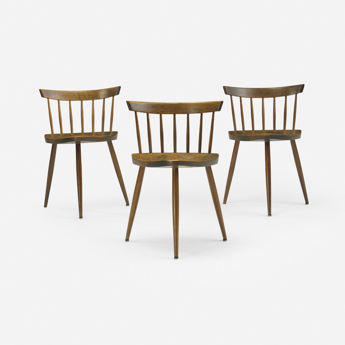 George Nakashima Mira chairs, set of three: George Nakashima Mira chairs, set of three USA, 1958 American black walnut 19.25 w x 18 d x 28 h inches Literature: George Nakashima, Woodworker, studio catalog, unpaginated Provenance: Beverly and Me
