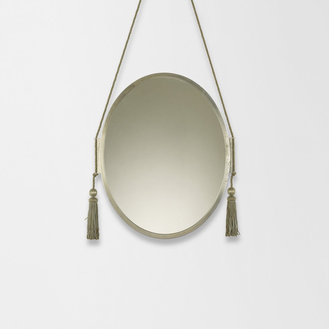 Jules Leleu mirror: Jules Leleu mirror France, c. 1922 nickel-plated brass, mirror, silk 25 w x 2 d x 53 h inches Impressed signature to edge: [Leleu Paris]. Literature: Jules et André Leleu, Jutheau, pg. 31 illustrates