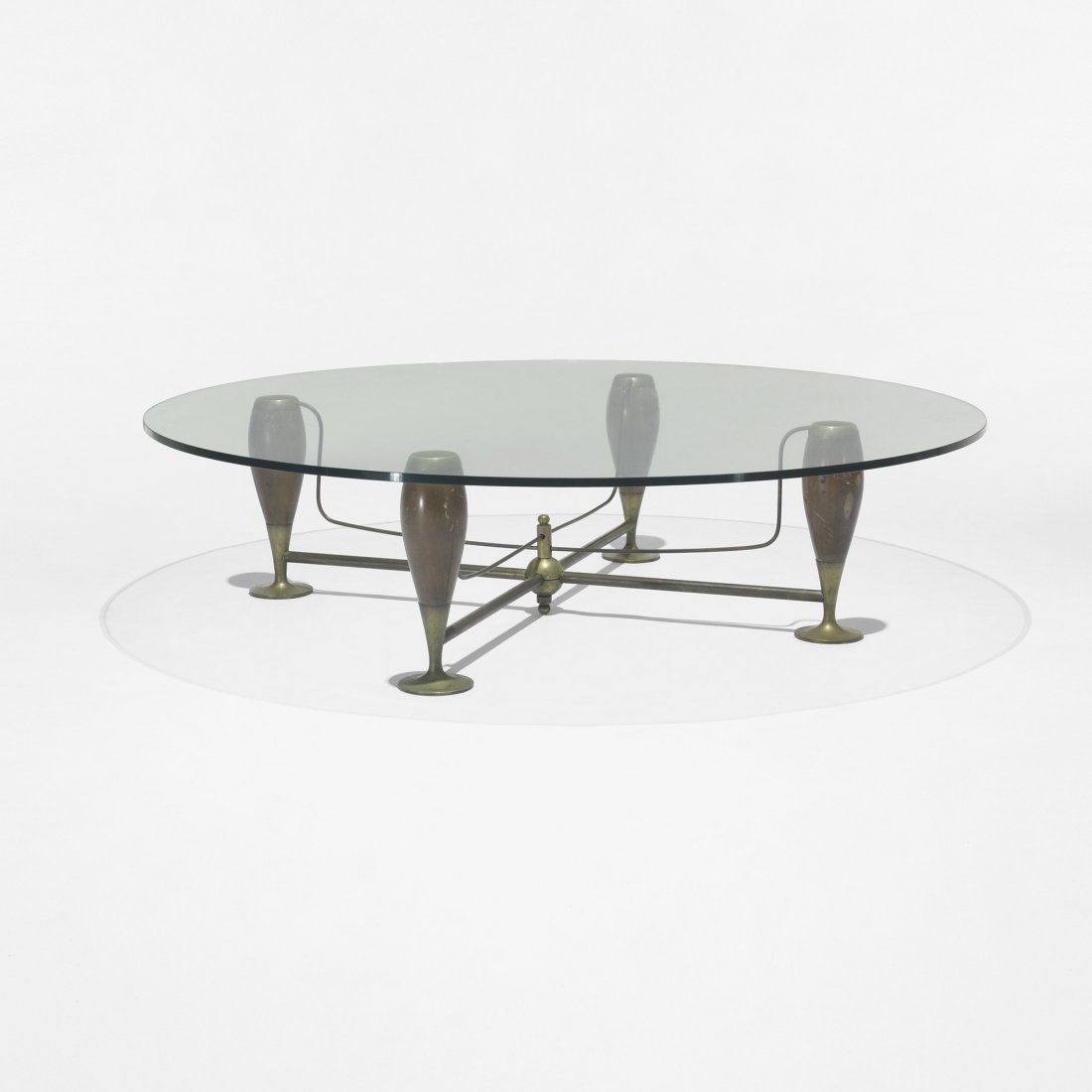 Arturo Pani coffee table: Arturo Pani coffee table Mexico, c. 1960 brass, walnut, glass 51 dia x 13 h inches