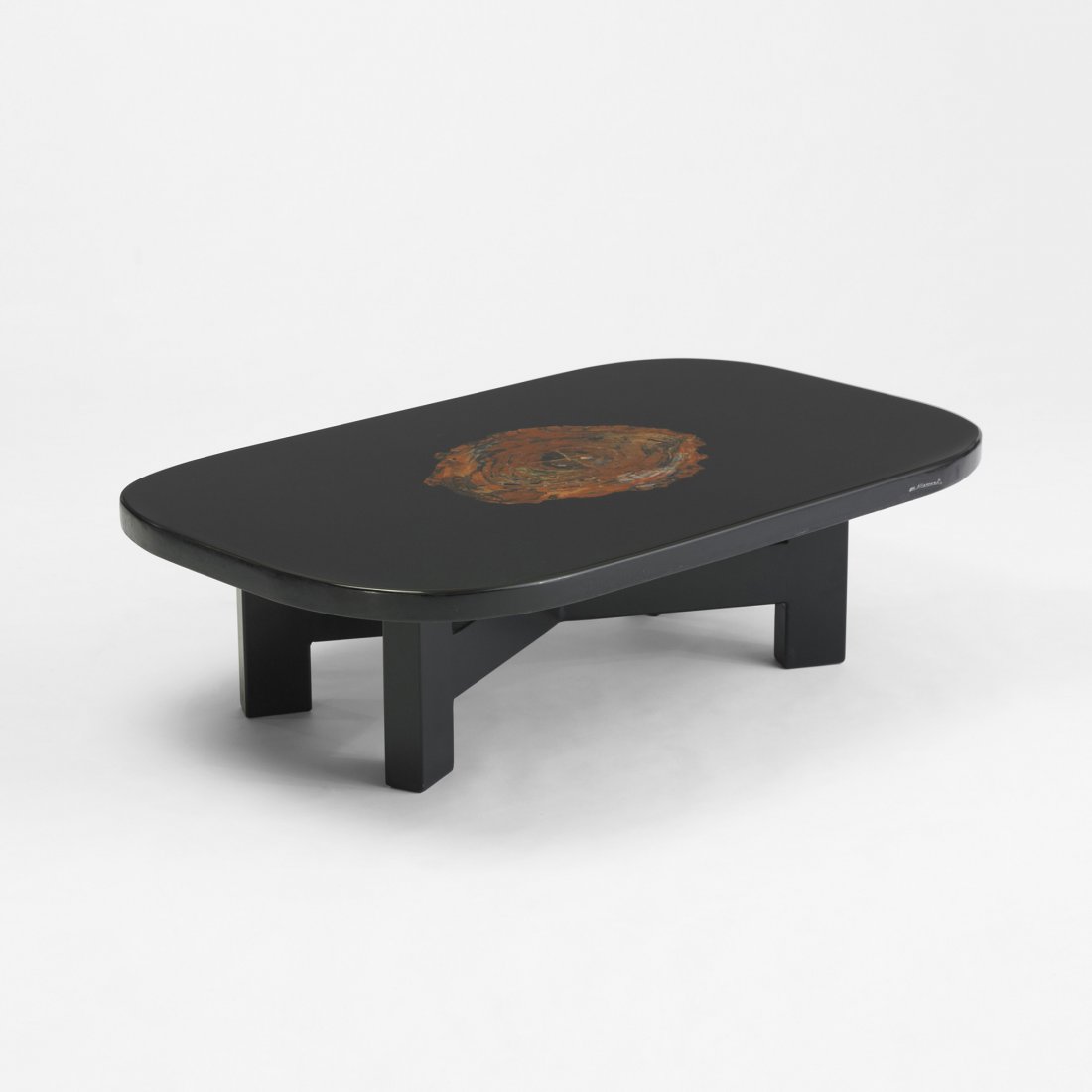 Etienne Allemeersch coffee table: Etienne Allemeersch coffee table Belgium, c. 1975 resin, petrified wood, enameled steel 51 w x 31.5 d x 14.5 h inches Inlaid signature to edge: [E. Allemeersch].