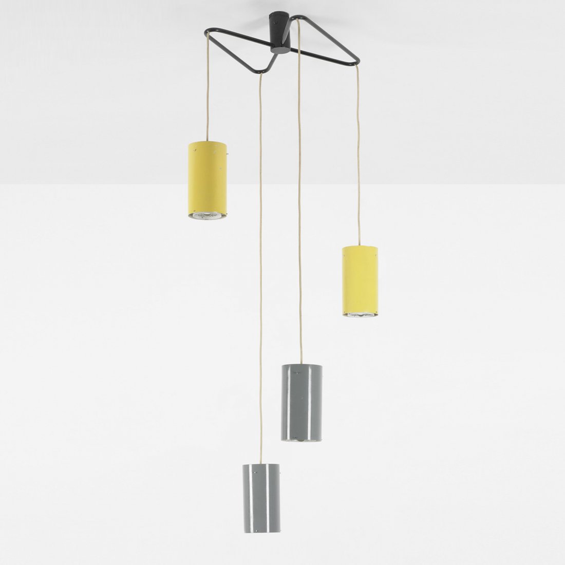 Gino Sarfatti chandelier: Gino Sarfatti chandelier Arteluce Italy, c. 1950 enameled aluminum, enameled brass, glass 22 w x 19 d x 58.75 h inches Signed with decal manufacturer's labels to each socket: [AL Milano Arteluce].