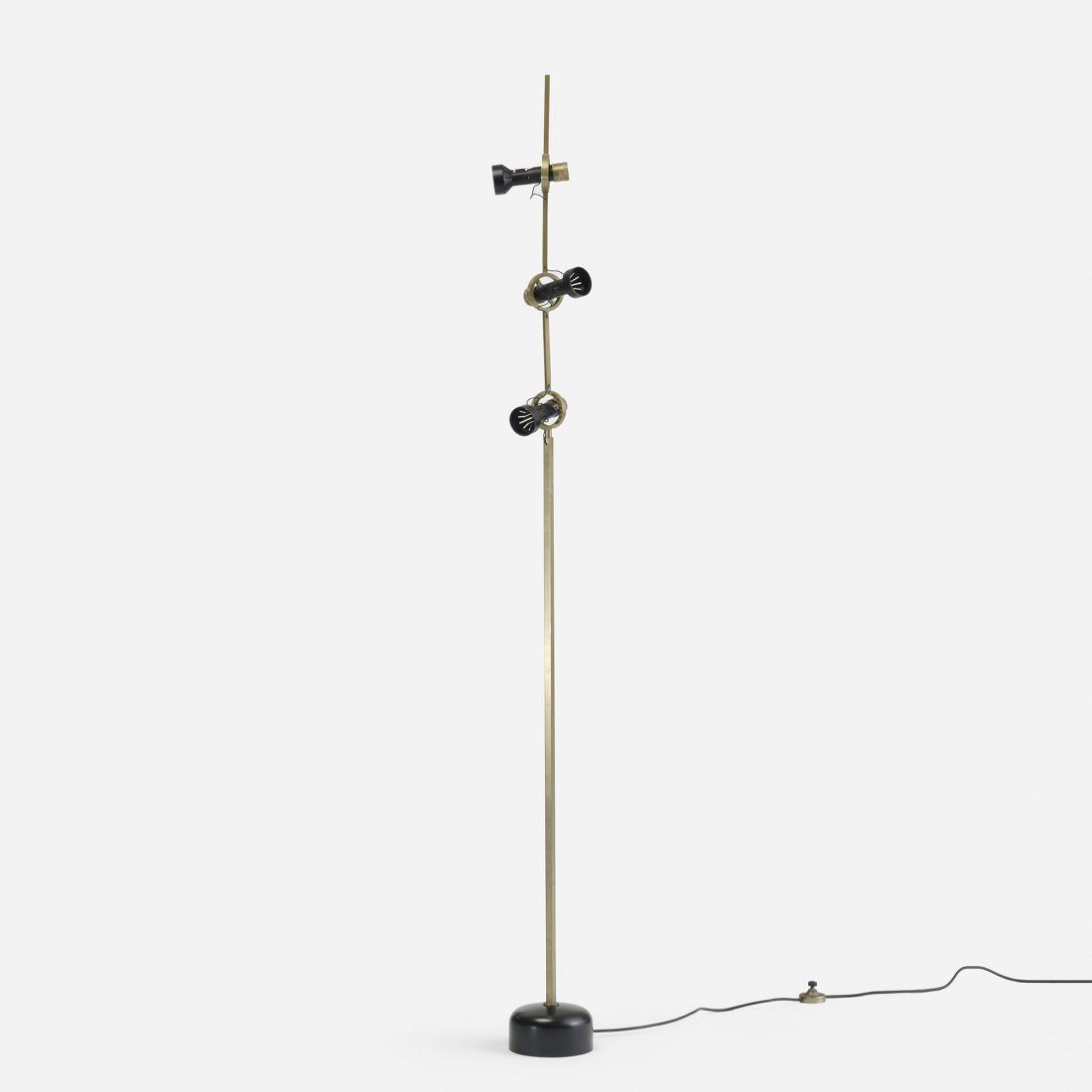 Angelo Lelli Trittico floor lamp: Angelo Lelli Trittico floor lamp Arredoluce Italy, c. 1955 brass, enameled steel, enameled aluminum 7 w x 7 d x 74 h inches Signed with decal manufacturer's label to underside: [Made in Italy Arredolu