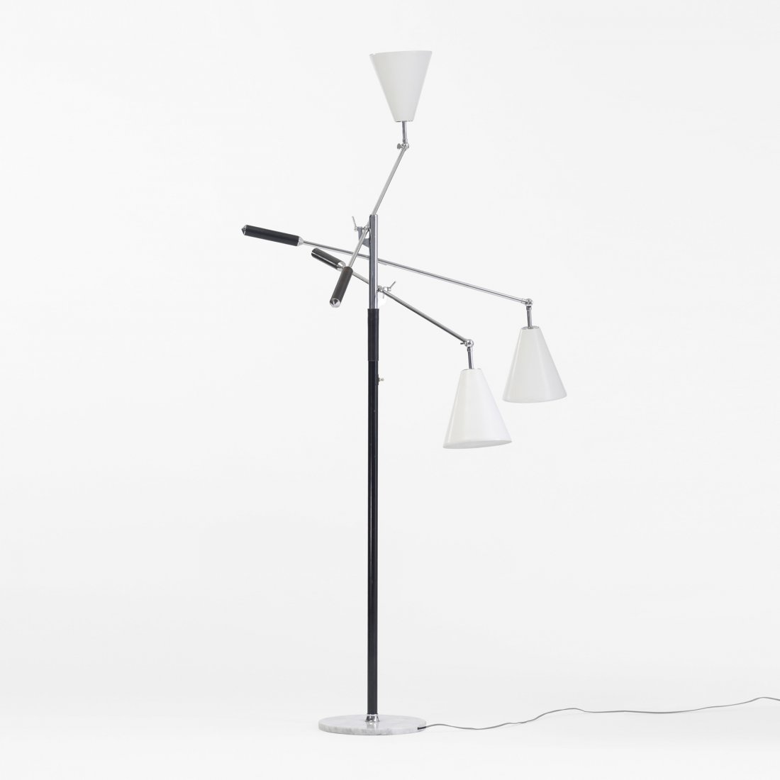 Arredoluce Three Arm floor lamp: Arredoluce Three Arm floor lamp Italy, c. 1950 chrome-plated steel, enameled steel, leather, marble 35 w x 35 d x 65 h inches Signed with impressed manufacturer's mark to arm: [Made in Italy]. Signed