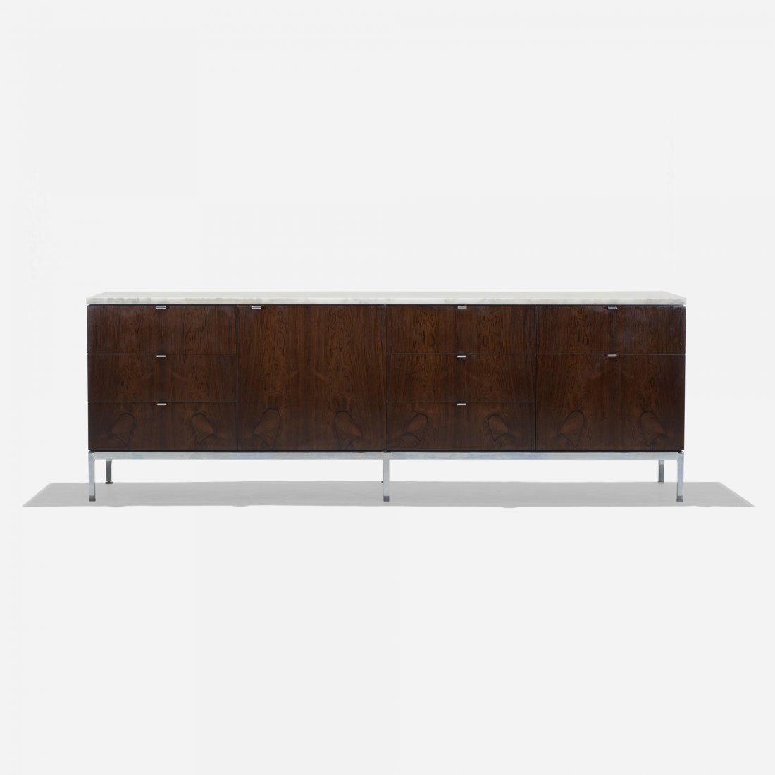 Florence Knoll Executive office cabinet: Florence Knoll Executive office cabinet Knoll USA, 1961 rosewood, marble, chrome-plated brass and steel 74.5 w x 18.75 d x 25.5 h inches Cabinet features eight drawers and one door concealing two adju