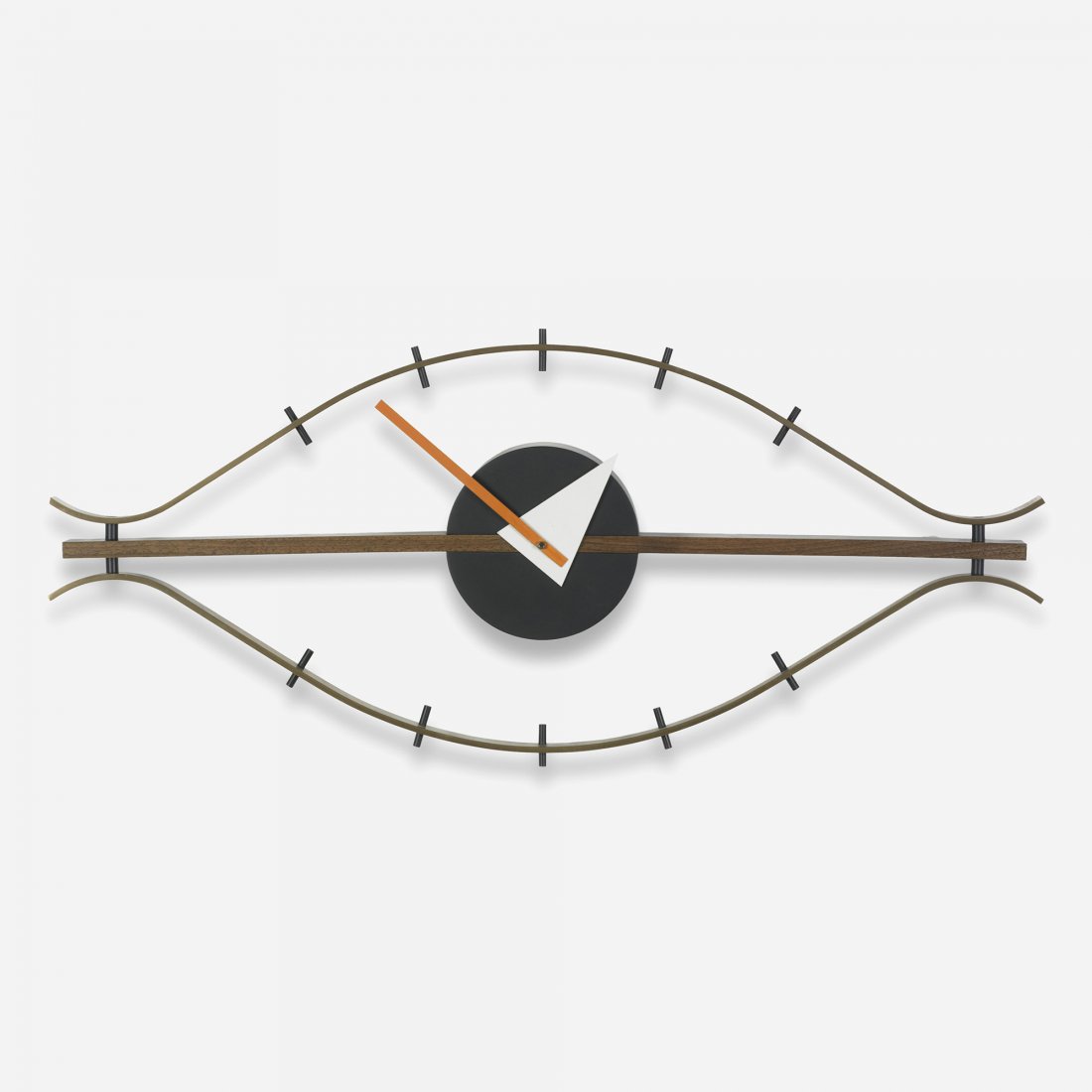 George Nelson & Associates Eye clock, model 2238: George Nelson & Associates Eye clock, model 2238 Howard Miller Clock Company USA, 1957 brass, enameled brass, walnut, enameled steel and aluminum 30 w x 13.25 d x 3 h inches Signed with decal manufact