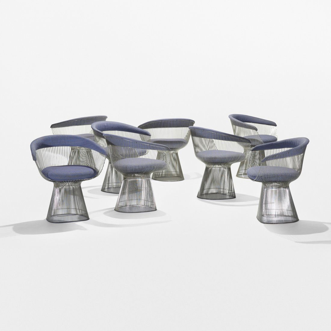 Warren Platner dining chairs, set of eight: Warren Platner dining chairs, set of eight Knoll International USA, 1966 chrome-plated steel, upholstery, plastic 27.75 w x 22.5 d x 29 h inches Literature: Ten by Warren Platner, Platner, ppg. 105, 1