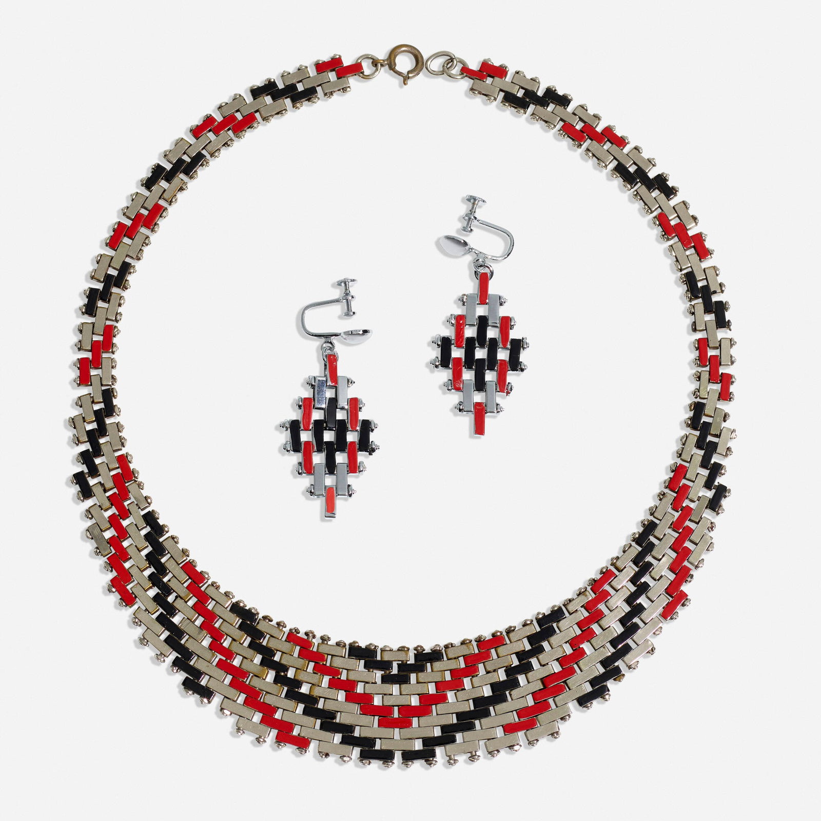 Jacob Bengel, Brickwork necklace and earrings: Jacob Bengel Brickwork necklace and earrings Germany, c. 1931-33 paint on polished chrome-plated metal necklace: 17 h x 1 w in (43 x 3 cm) earring: 1.75 h x .875 w in (4 x 2 cm) Lite