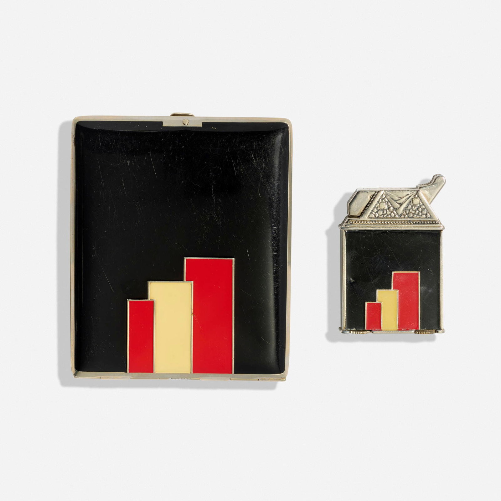 Carlton Kumapart, Cigarette case and lighter: Carlton Kumapart Cigarette case and lighter Swank USA, c. 1930 enamel on silvered metal 3.625 h x 3 w x .25 d in (9 x 8 x 1 cm) 2.125 h x 1.5 w x .375 d in (5 x 4 x 1 cm) Sold with orig