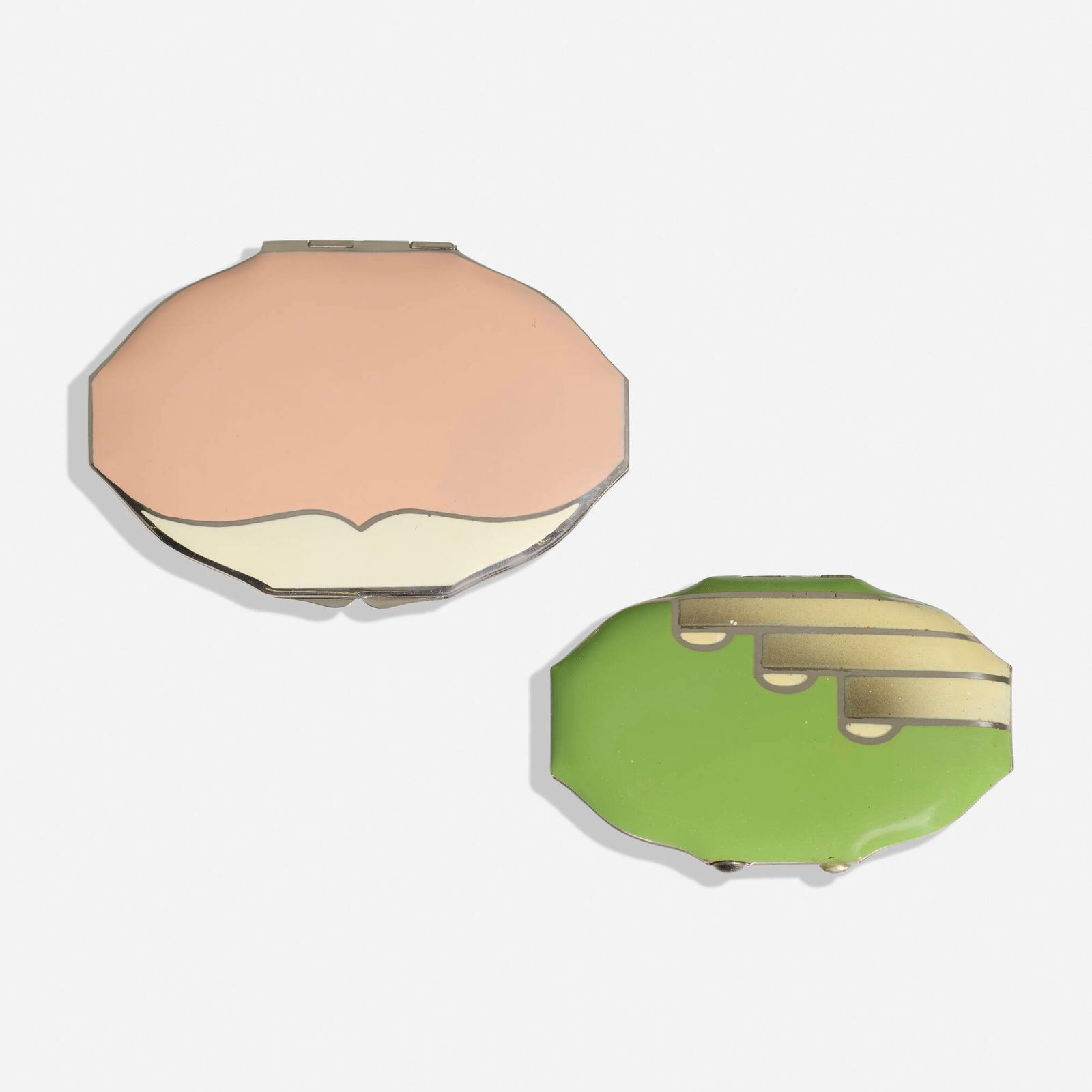 Compacts, set of two: Compacts, set of two c. 1934enamel on silvered metal 2.625 h x 4 w x .125 d in (7 x 10 x 0 cm) 2.25 h x 3.5 w x .25 d in (6 x 9 x 1 cm) Impressed to one example 'Rowenta'. Literature: <
