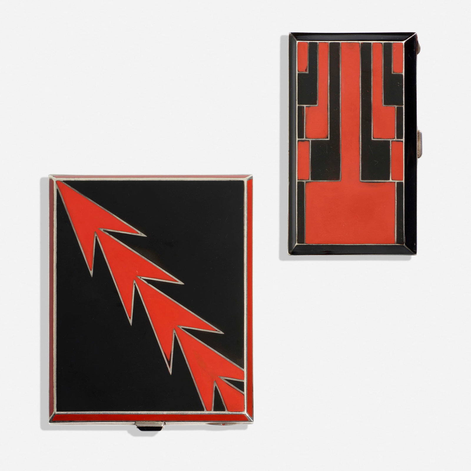 French, Cigarette cases, set of two: French Cigarette cases, set of two c. 1930 lacquer on silver 3.125 h x 4 w x 0.375 d in (8 x 10 x 1 cm) 3.375 h x 2 w x 0.375 d in (9 x 5 x 1 cm) Impressed touchmarks and 'Made in France' to