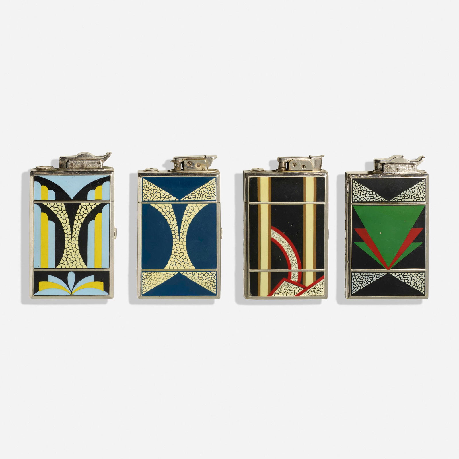 American, Combination cigarette cases with lighters, set of four: American Combination cigarette cases with lighters, set of four c. 1929 enamel on metal 4.25 h x 2.5 w x .5 d in (11 x 6 x 1 cm) Lot includes two Golden Wheels cases produced by Henry Le