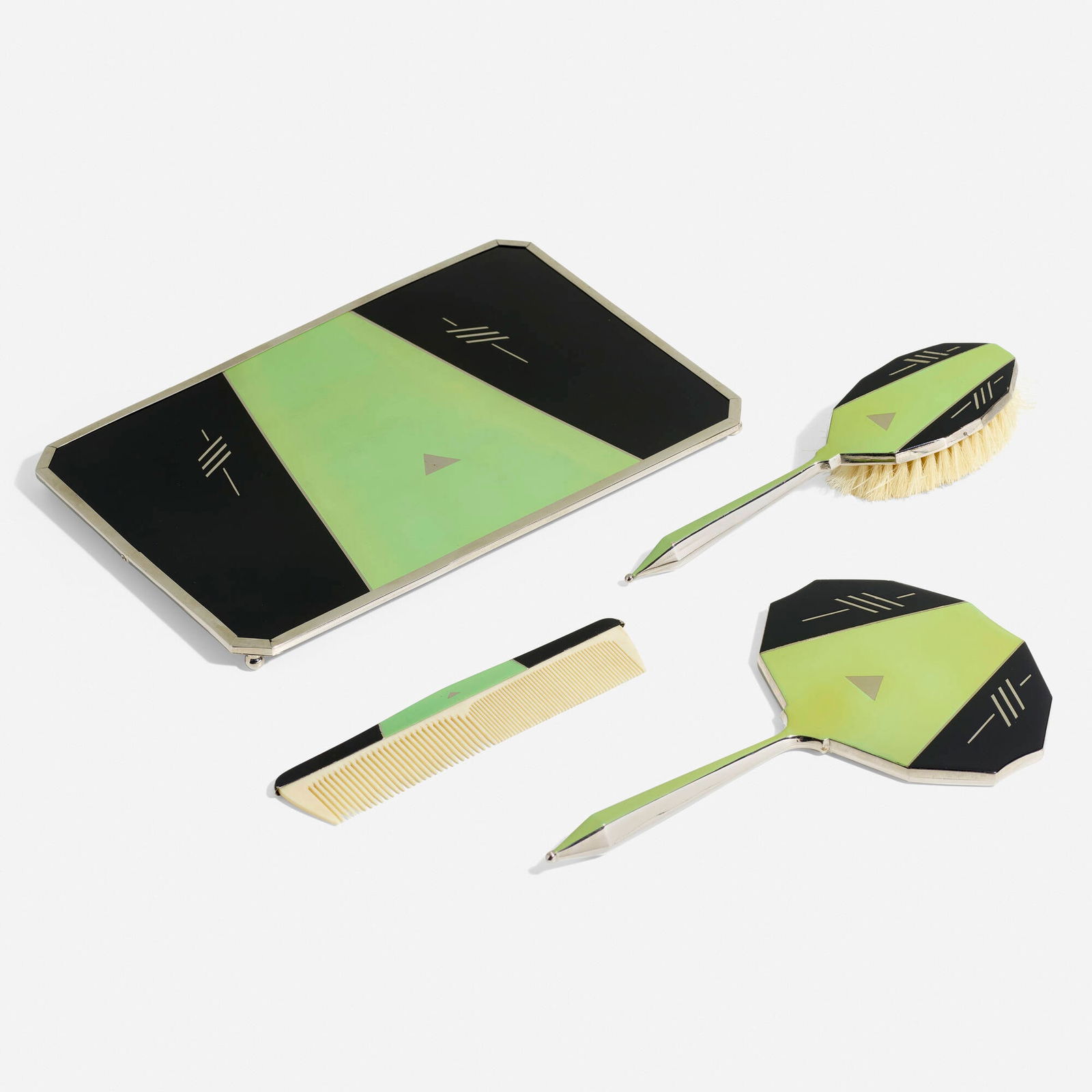 English, Dressing table accessories, set of five: English Dressing table accessories, set of five c. 1932enamel on polished metal largest: 9 h x 2.5 w x 1.25 d in (23 x 6 x 3 cm) smallest: 0.5 h x 11.875 w x 9.25 d in (1 x 30 x 23 cm) Lot